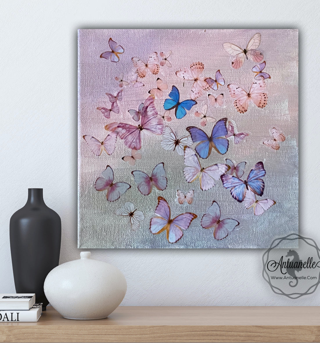 Butterflies Sky & Sea - Blue Green Pink Original Artworks set of 2 - Gallery wall