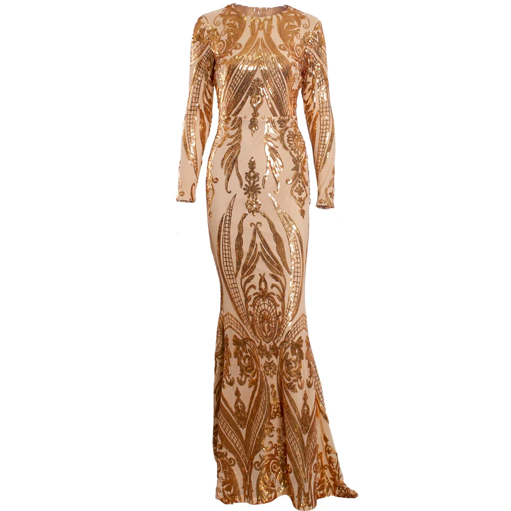 Goddess Gold Long Sleeve Stretch Sequin Maxi Dress Floor Length Full Lining O Neck Evening Night Gown Green