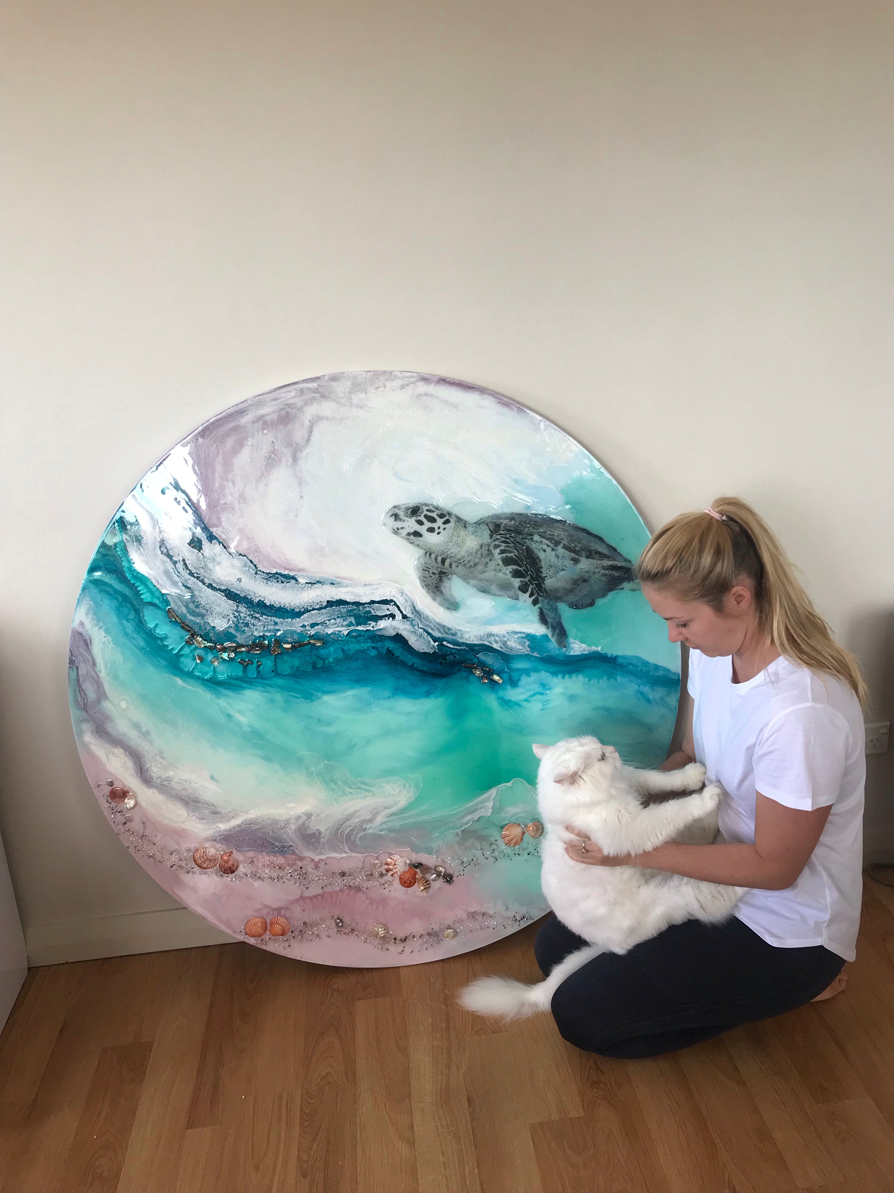 Turtle Teal Blue artwork. Abstract Coastal Artwork. Antuanelle 4 Bounty 2.0. Australian Seascape. Round