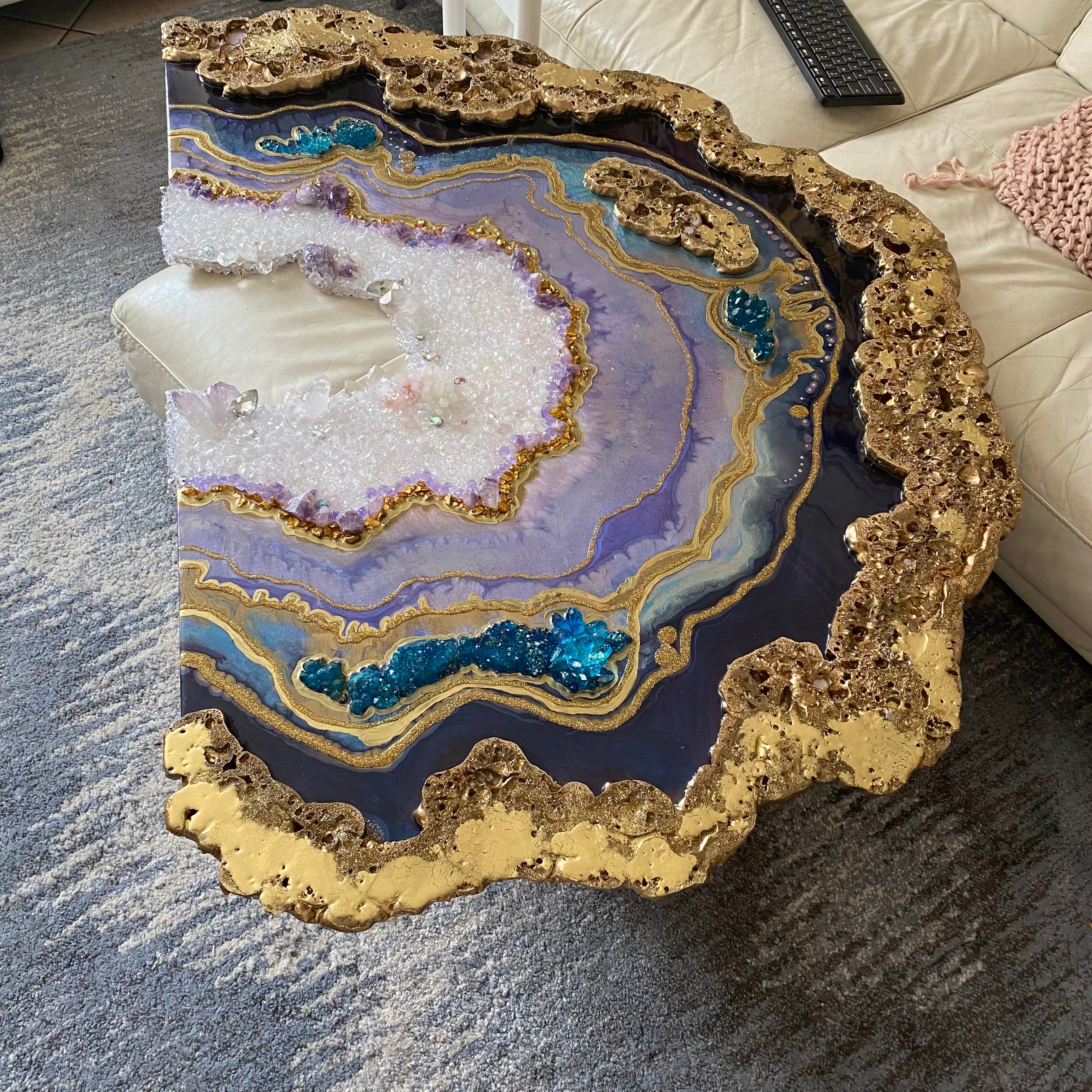 Amethyst Torus  Geode. Freeform Purple and Gold Geode Gemstone Artwork with Amethysts