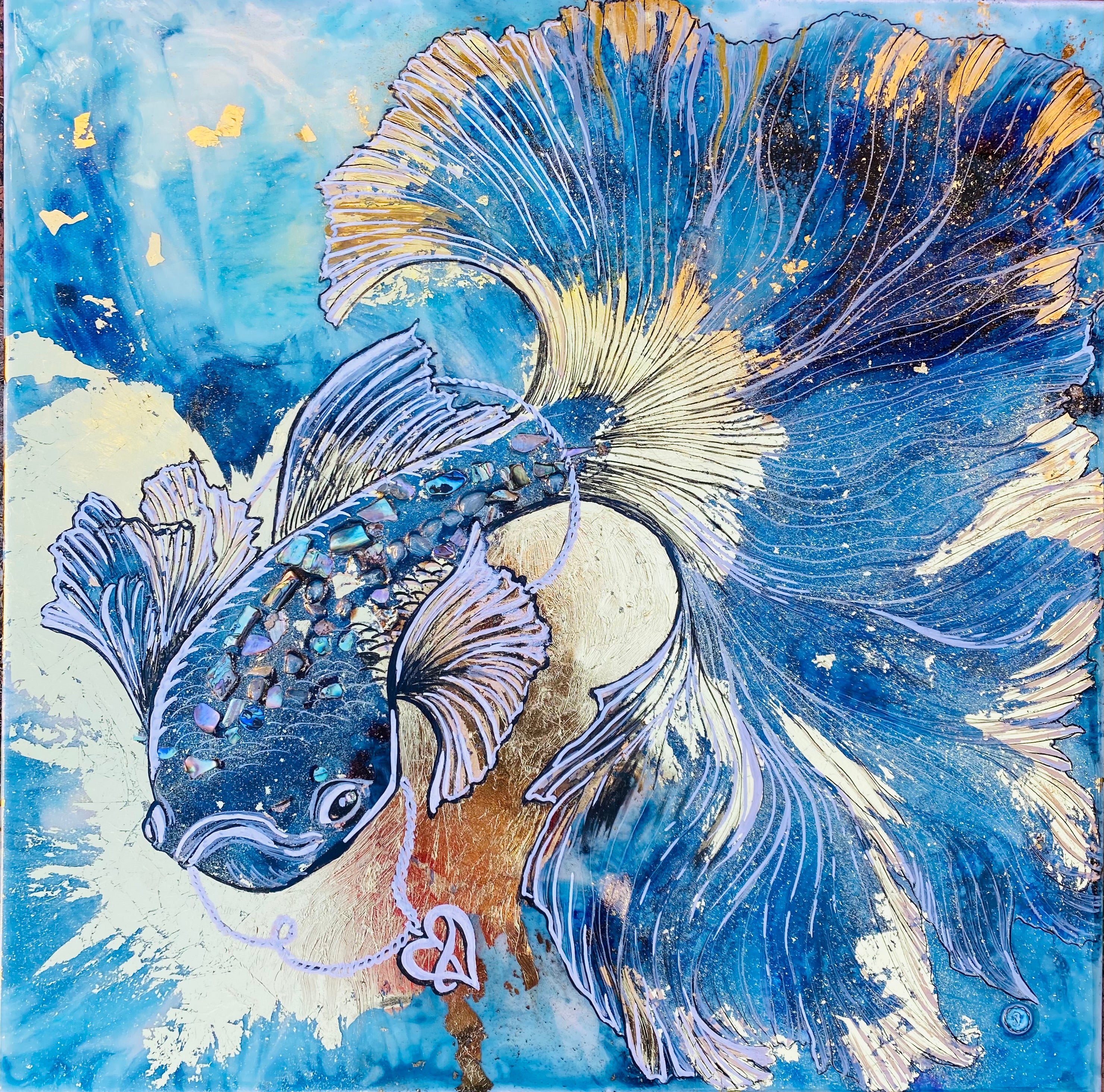 Beta Fighter Fish Abalone shells in Gold Original Artwork