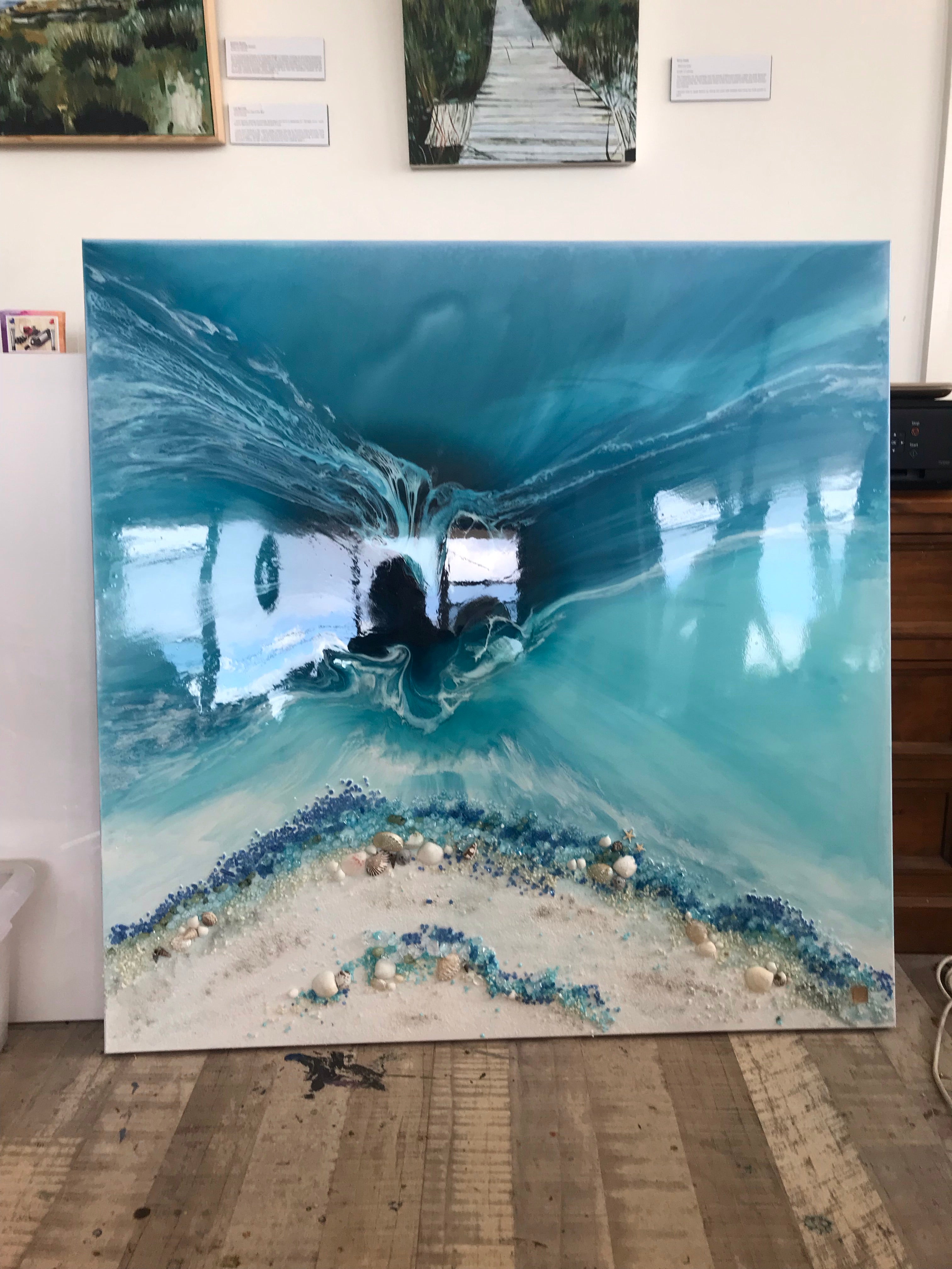 TEAL AND WHITE. Crystal clear. Ocean Original Artwork. Antuanelle 12 Clear. Artwork with Amazonite. 90x90cm