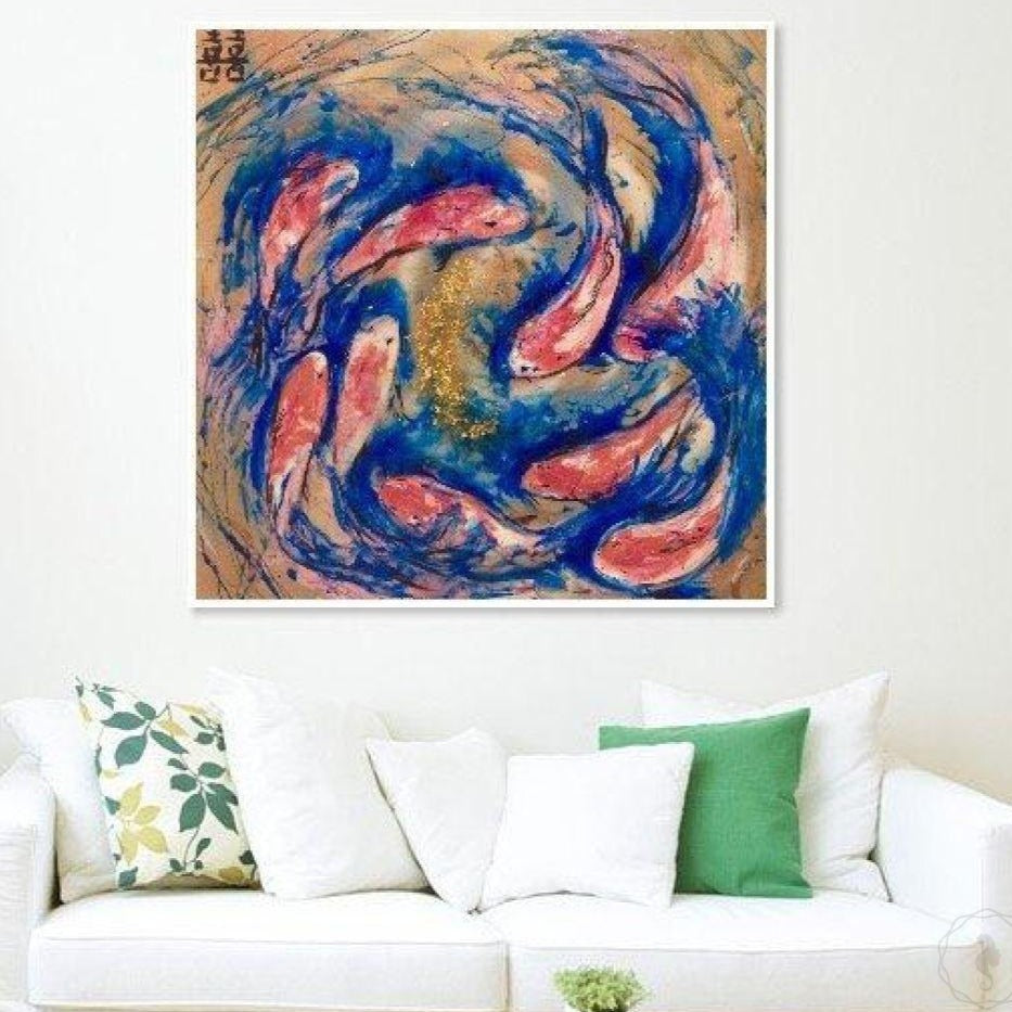 Gold blue and red Artwork. Abstract Koi Fish. Double Luck Antuanelle 1 Chinese Original Artwork