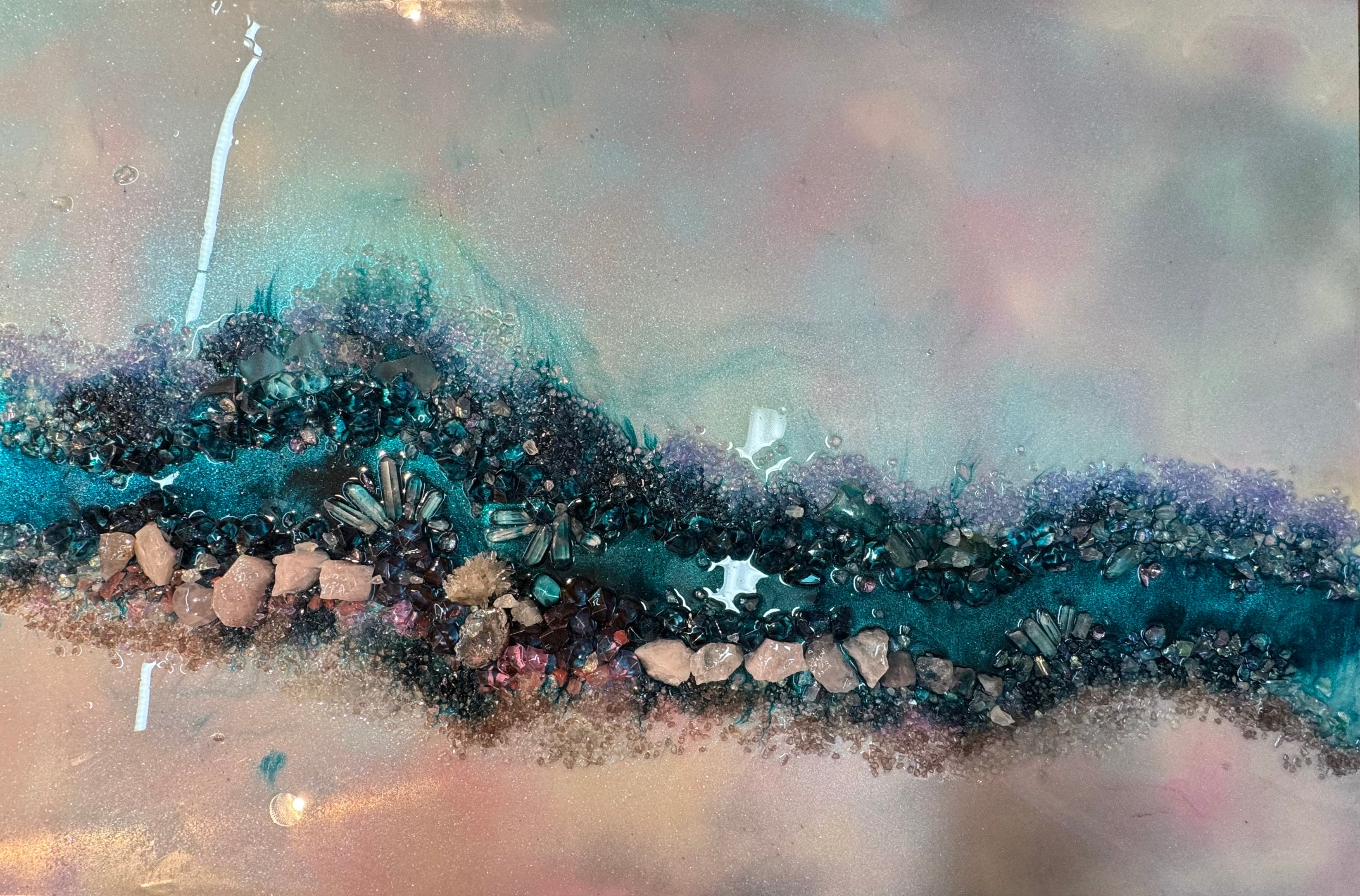 Crystal Reef Artwork with Rose Quartz, Swarovzki, Aura Quartz and Titanium Aura 60x90cm