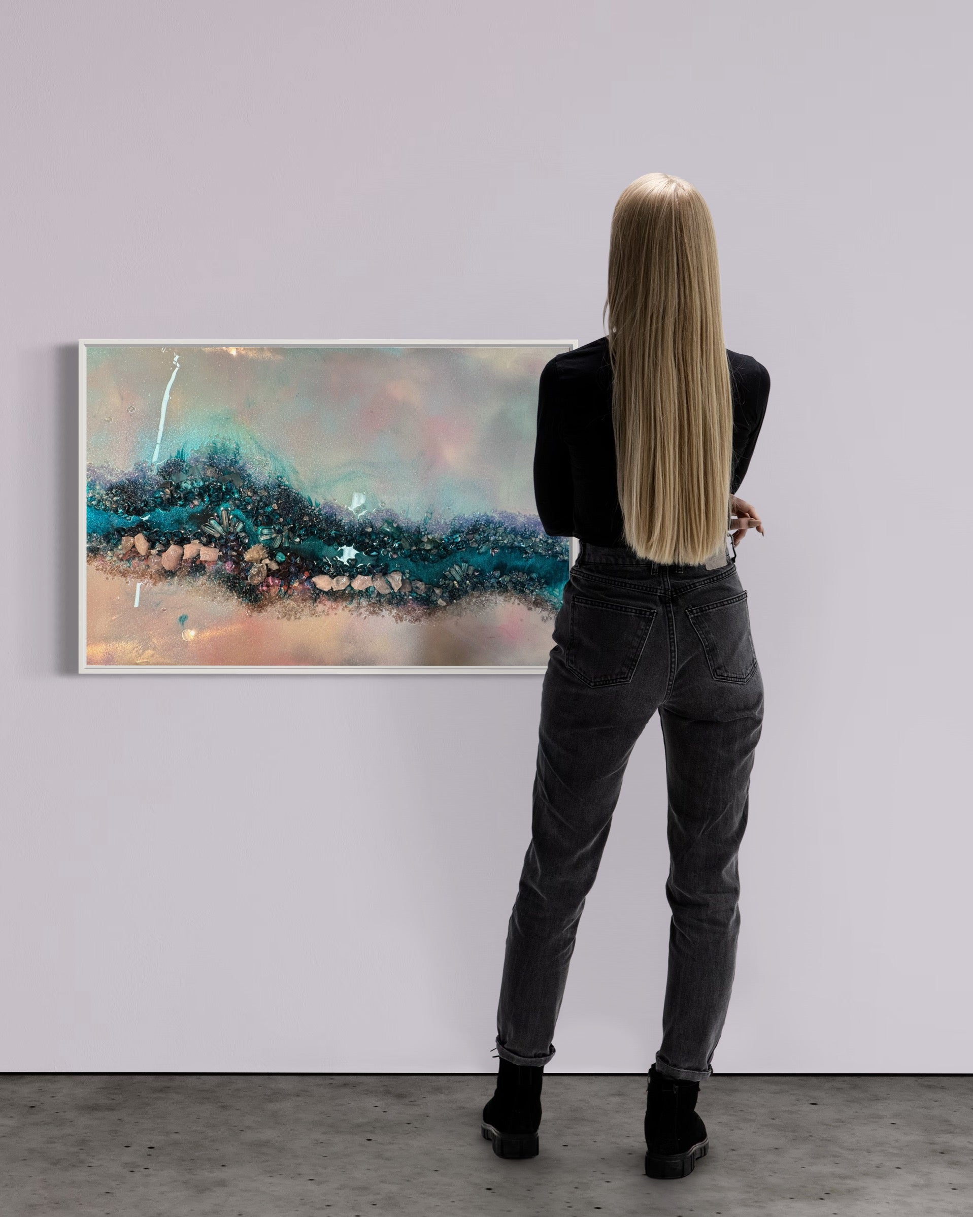 Crystal Reef Artwork with Rose Quartz, Swarovzki, Aura Quartz and Titanium Aura 60x90cm