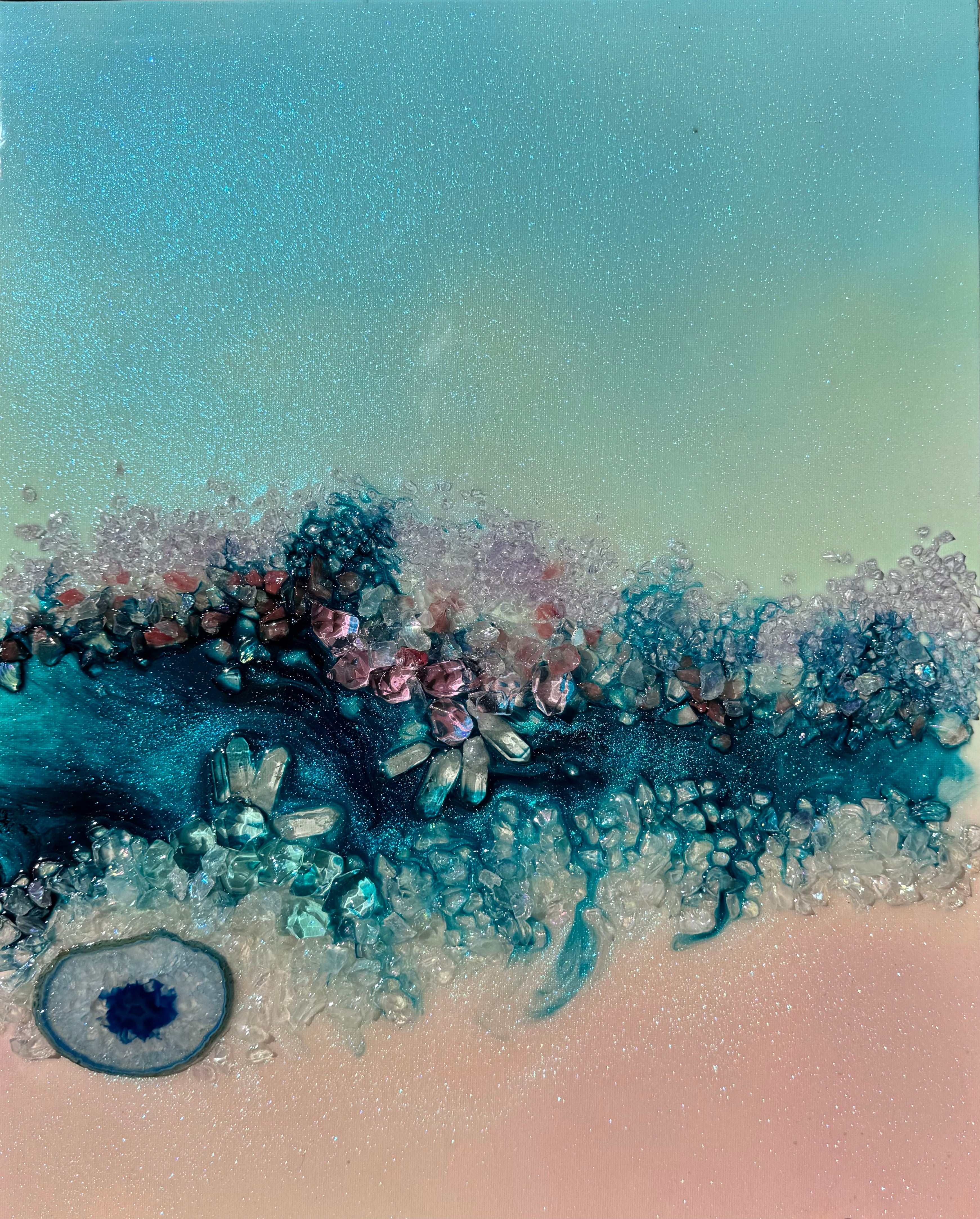 Heart Reef Bliss Set of 2 with Swarovski, Amethyst, Agate, Quartz & Epoxy Glass on Canvas 40x50cm