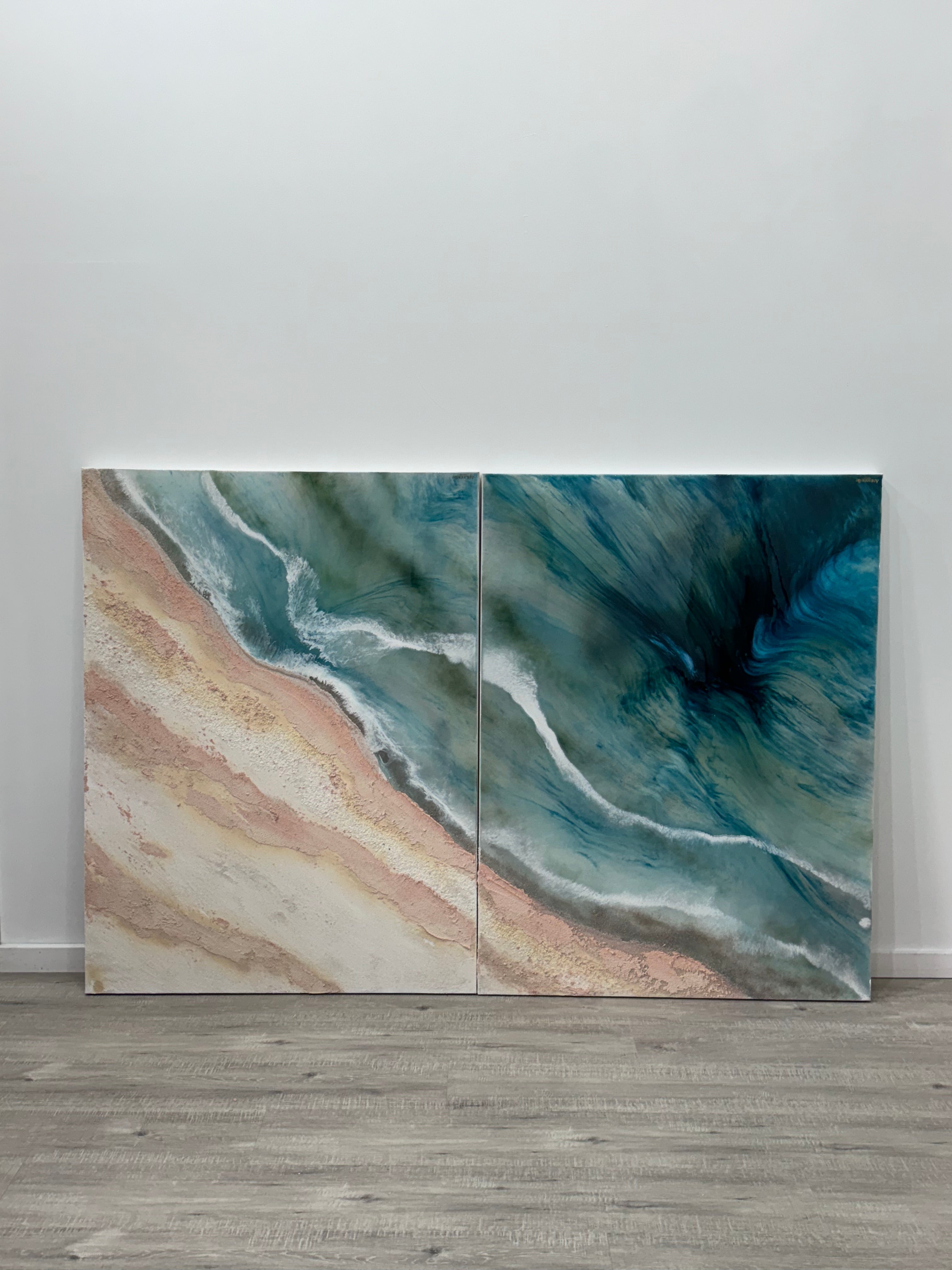 Whitehaven Set 1&2    180x120cm (120x90cm each)    Sand, Liquid Glass, Acrylic