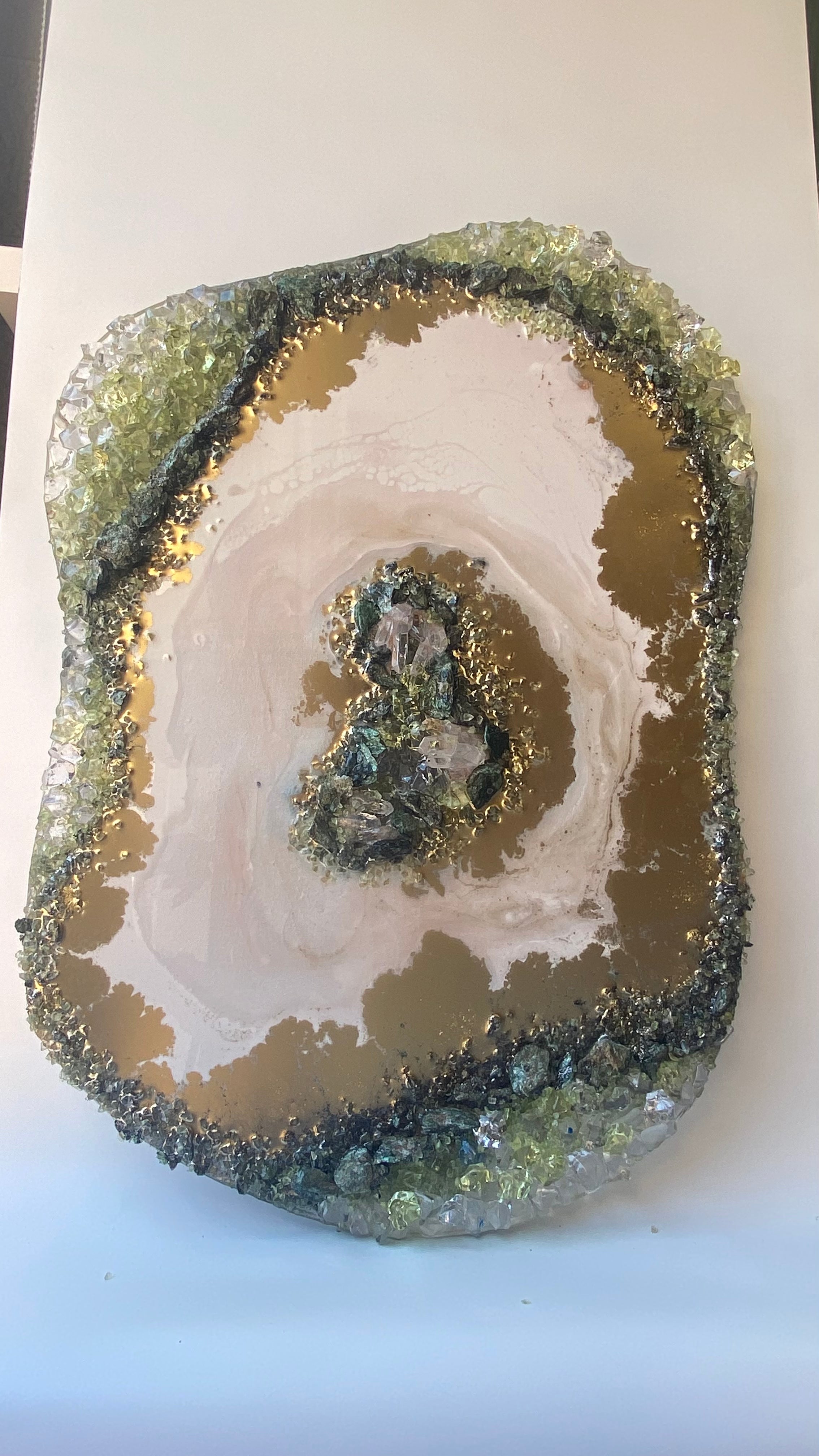 Green Harmony Crystal Artwork - Freeform Geode Crystal with Peridot, Fuschite and Quartz