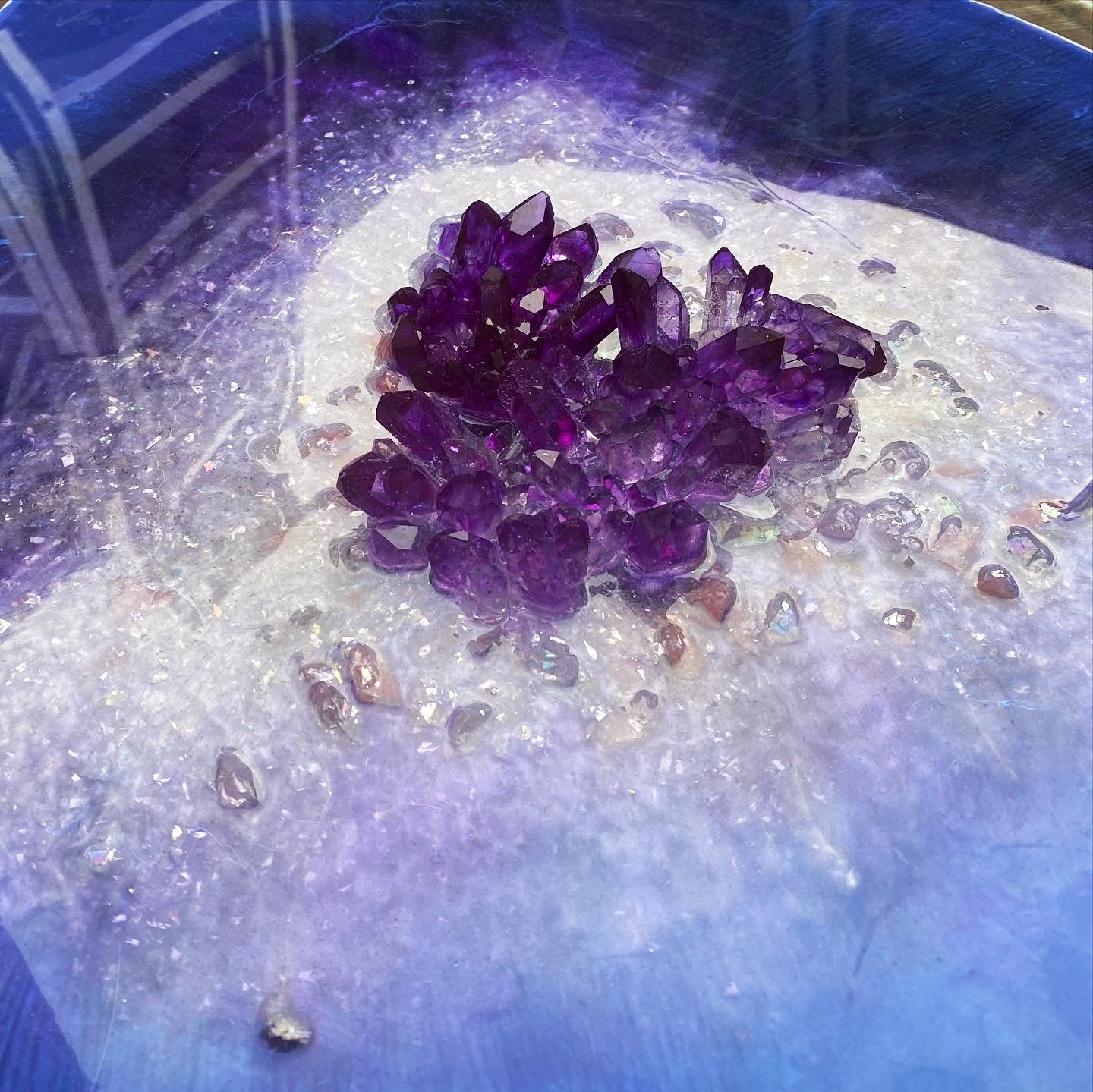Purple amethyst light coffee table with handmade crystals.