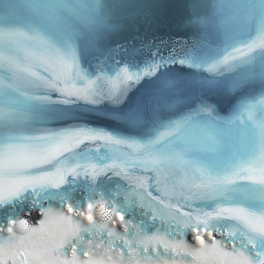 Ocean Resin Art - Abstract Seascape - Teal Blue Ocean Wave Beach