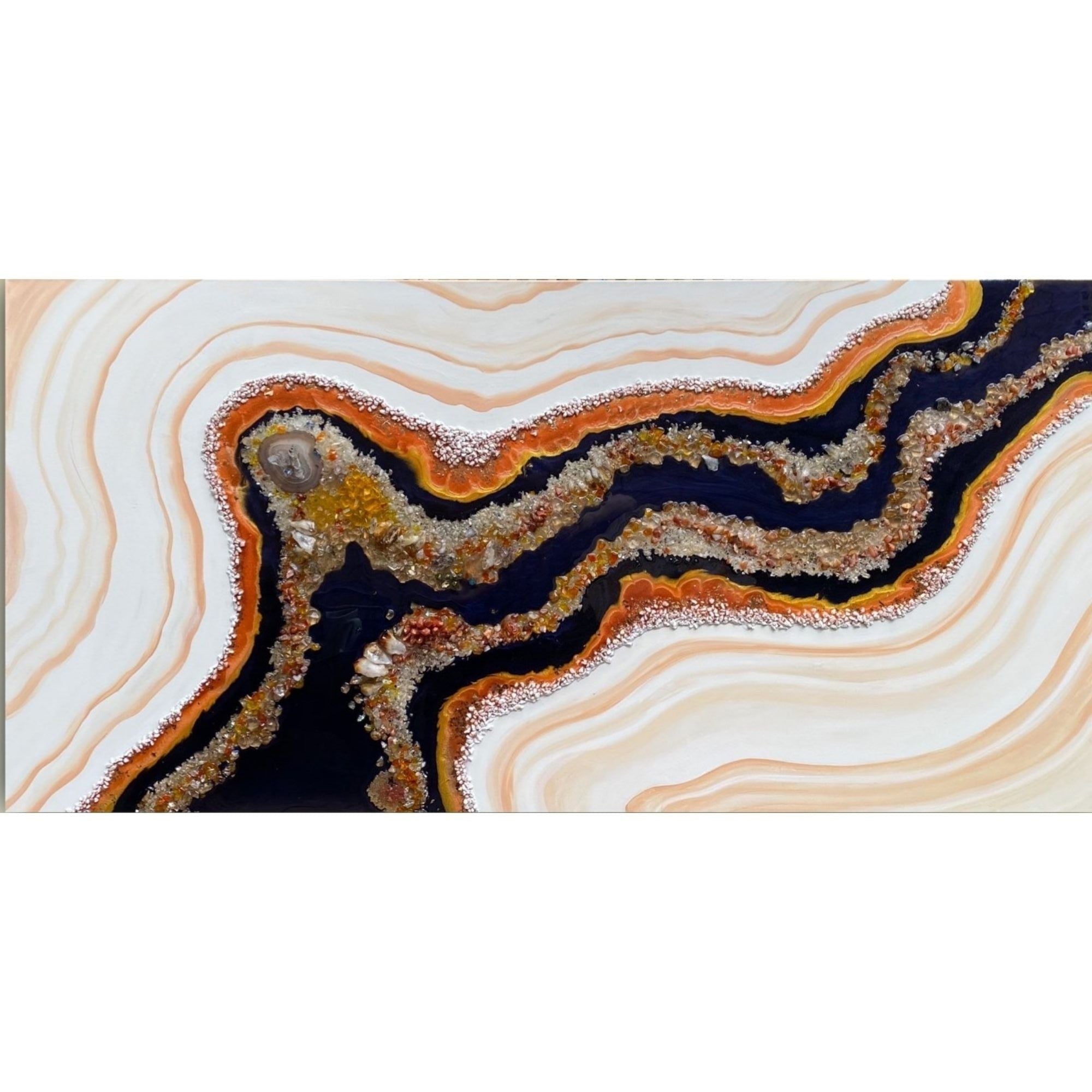 Golden Citrine. Copper and Navy Geode Gemstone Artwork with natural Citrine 150x75cm