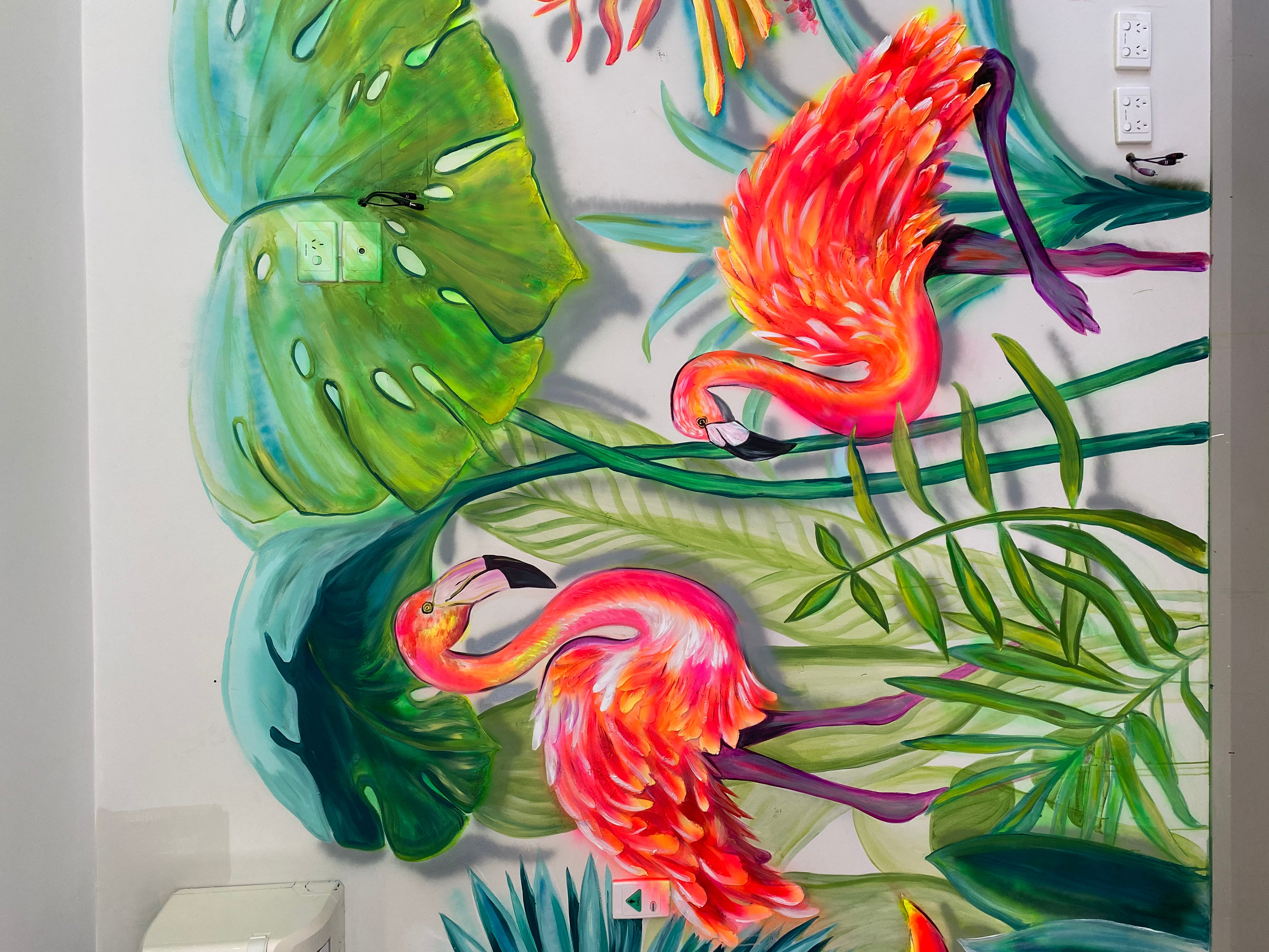 TROPICAL bright Flamingo Mural with texture elements