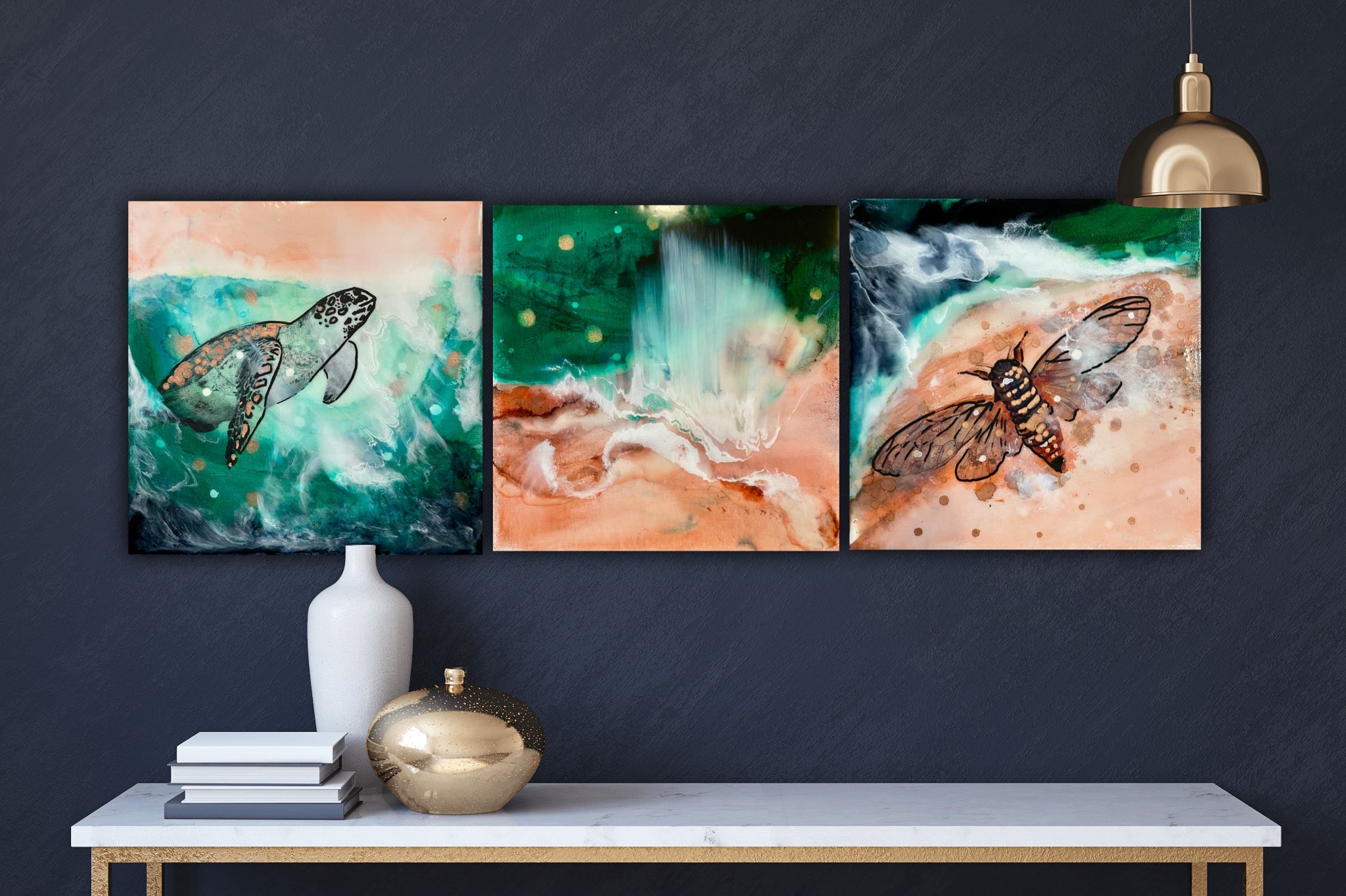 Close to Extinction set of 3 - Ocean Turtle Cicada Original Art- Gallery Wall
