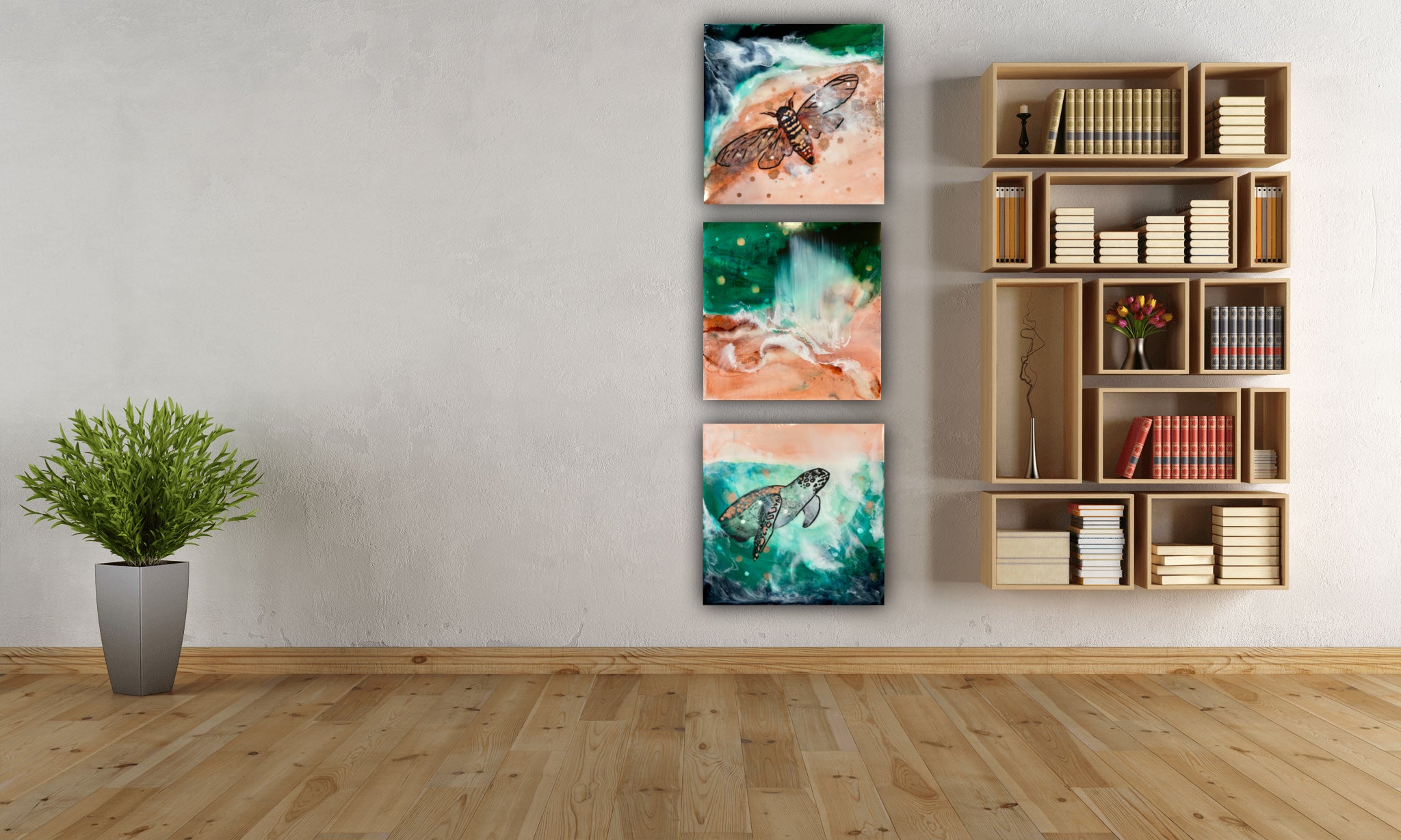 Close to Extinction set of 3 - Ocean Turtle Cicada Original Art- Gallery Wall
