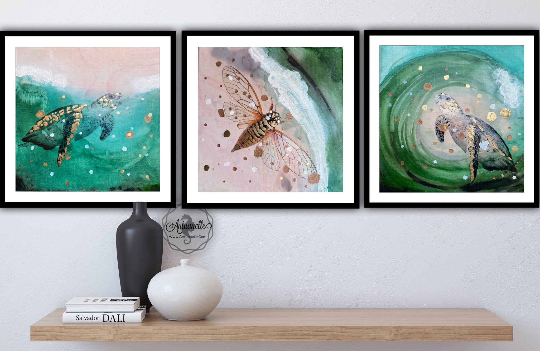Close to Extinction Light set of 3 - Sea Turtle and Cicada Ocean Art - Gallery Wall