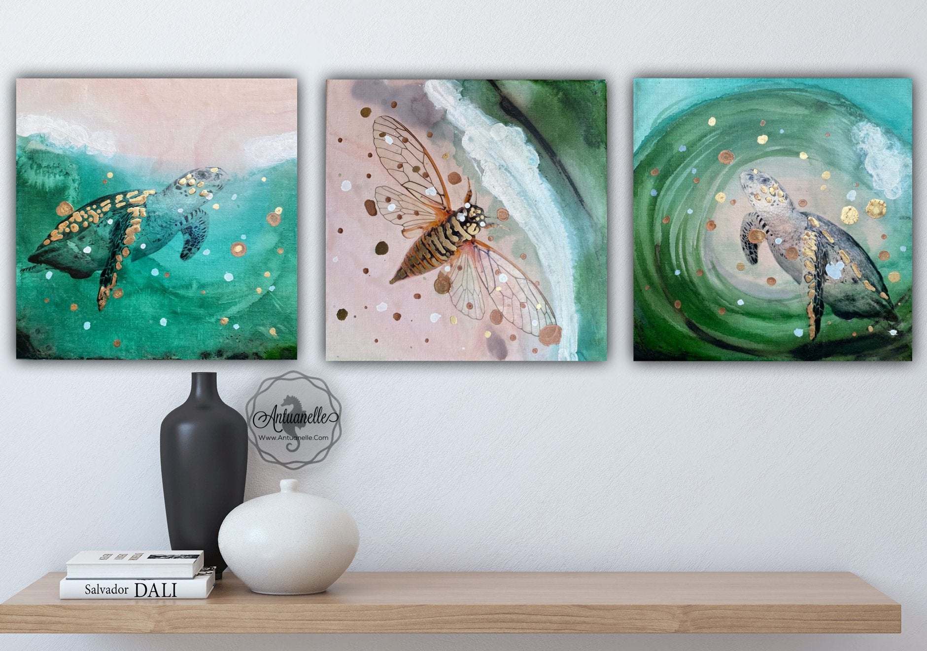 Close to Extinction Light set of 3 - Sea Turtle and Cicada Ocean Art - Gallery Wall