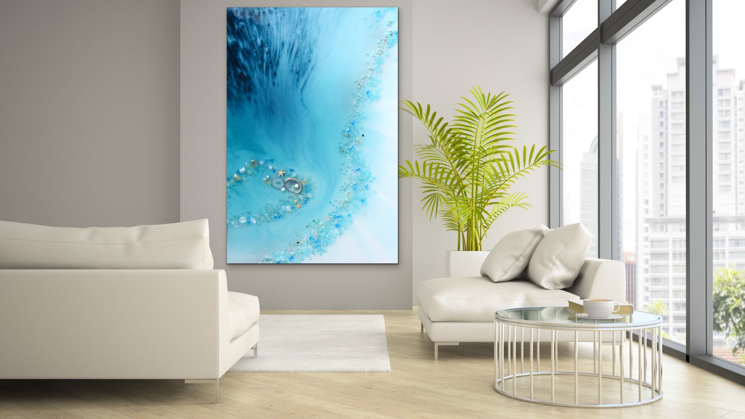 Abstract Beach. Teal Blue. Blue Lagoon Vertical. Art print. Antuanelle 4 Heart Reef Artwork. Limited Edition Print