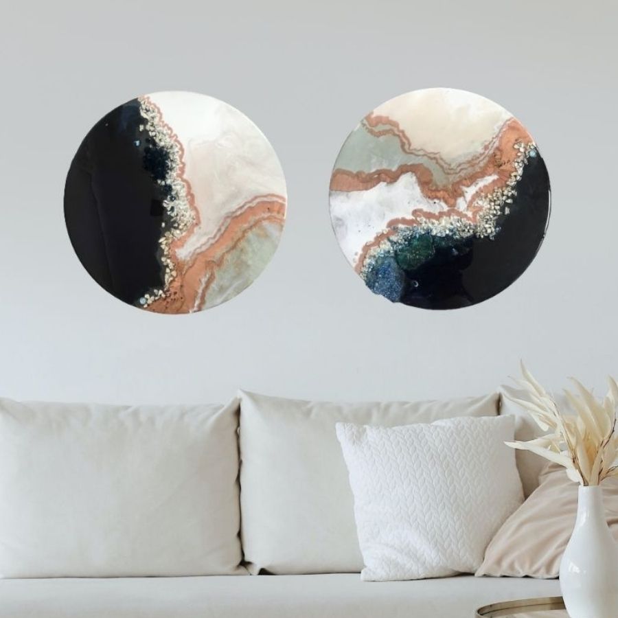 2 Black and White Crystal Geode. Sapphire. Original Artwork Diptych Set of Two