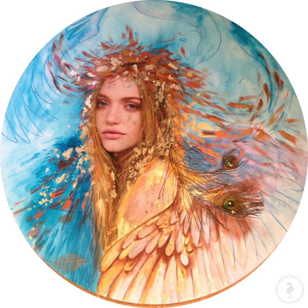 Abstract Portrait. Girl in Gold & Teal. Peace. Round Print. Antuanelle 1 Peace MARIE ANTUANELLE Perspex Print