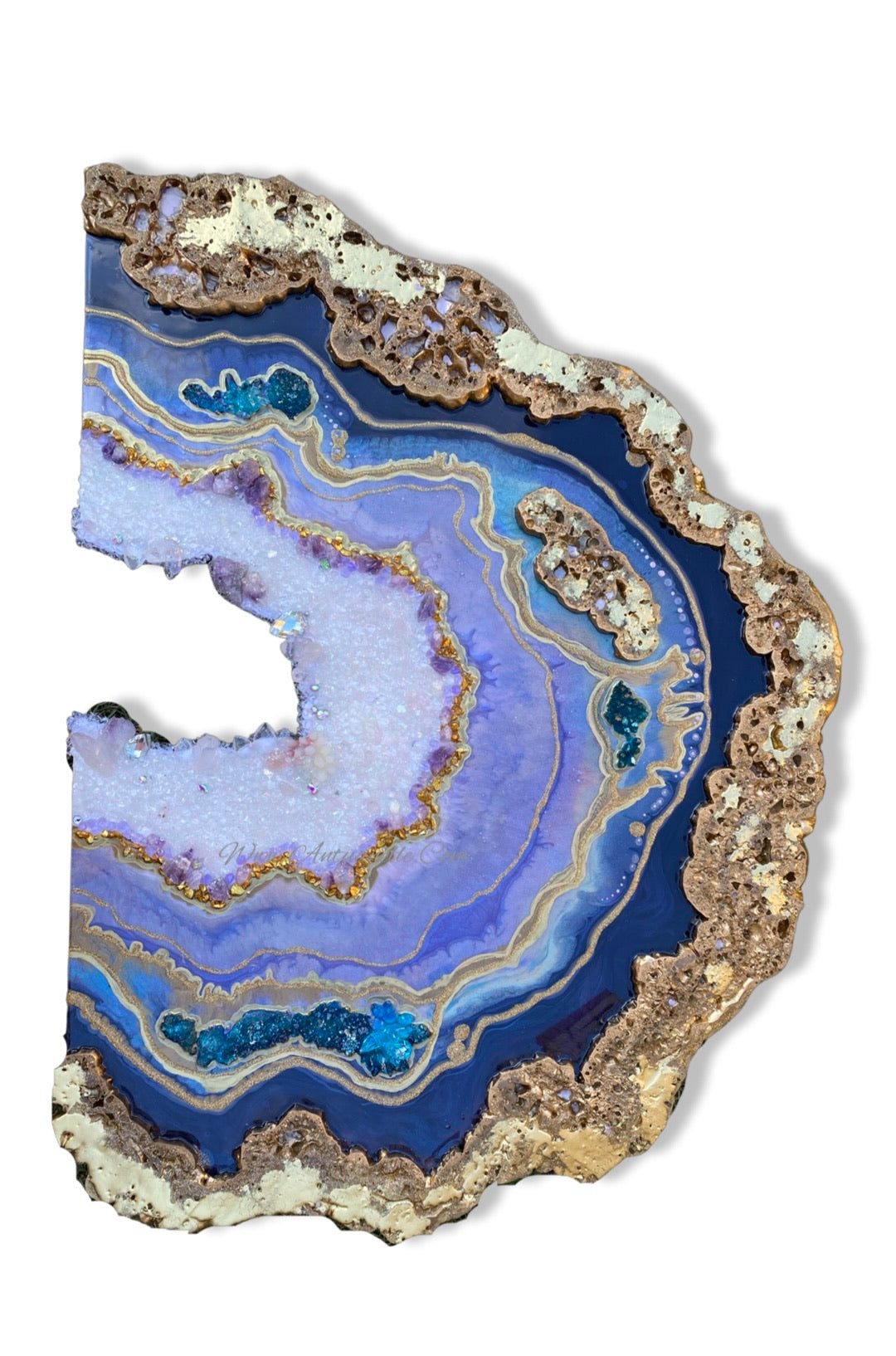 Amethyst Geode. Freeform Purple and Gold Geode Gemstone Artwork with Amethysts
