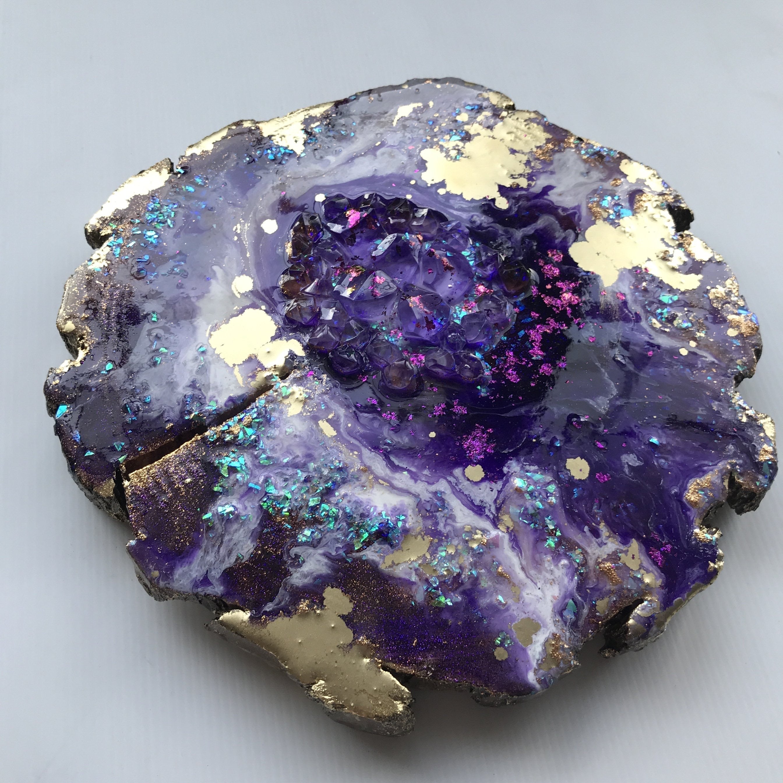 Amethyst. Freeform Purple and Gold Geode Gemstone Artwork with Amethysts
