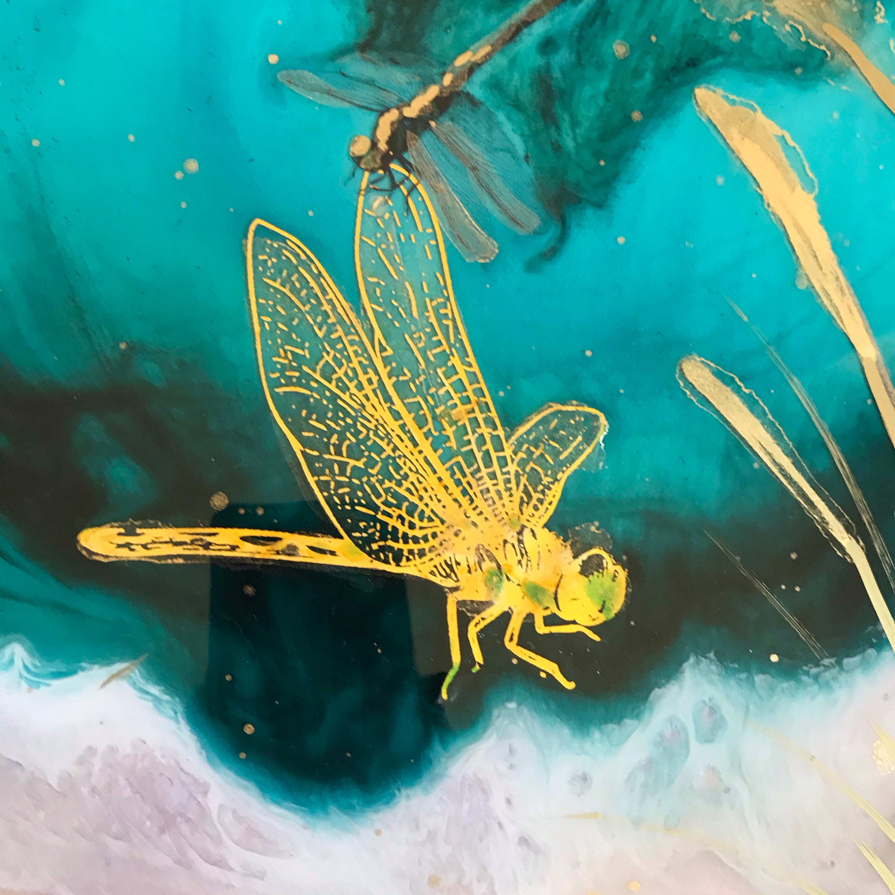 Gold Dragonflies Teal Seascape. Dragonflies in Golden light.Original Artwork