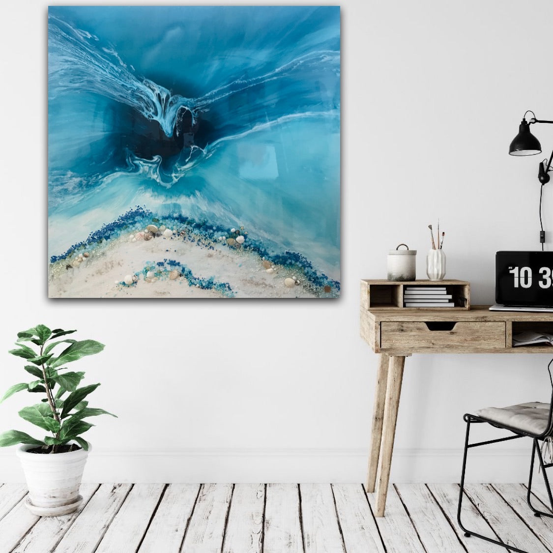 TEAL AND WHITE. Crystal clear. Ocean Original Artwork. Antuanelle 3 Clear. Artwork with Amazonite. 90x90cm