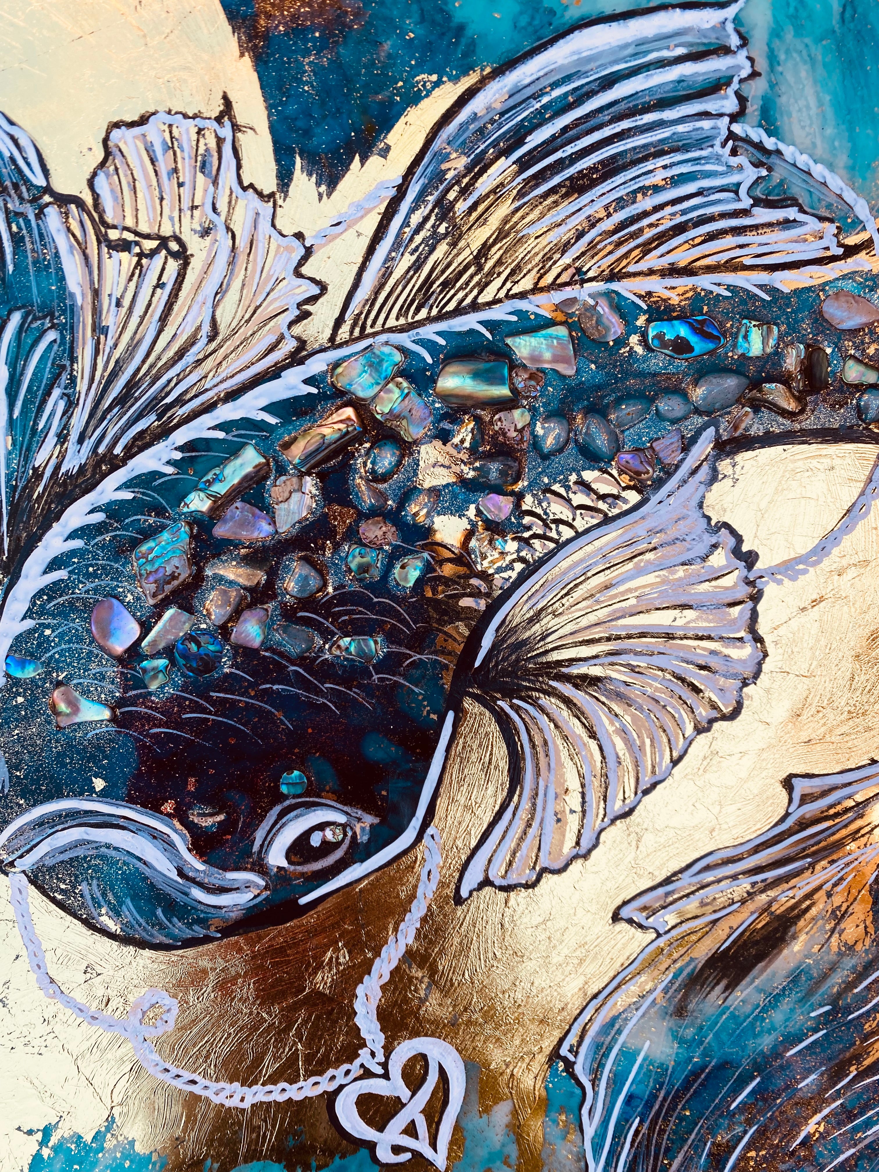 Beta Fighter Fish Abalone shells in Gold Original Artwork