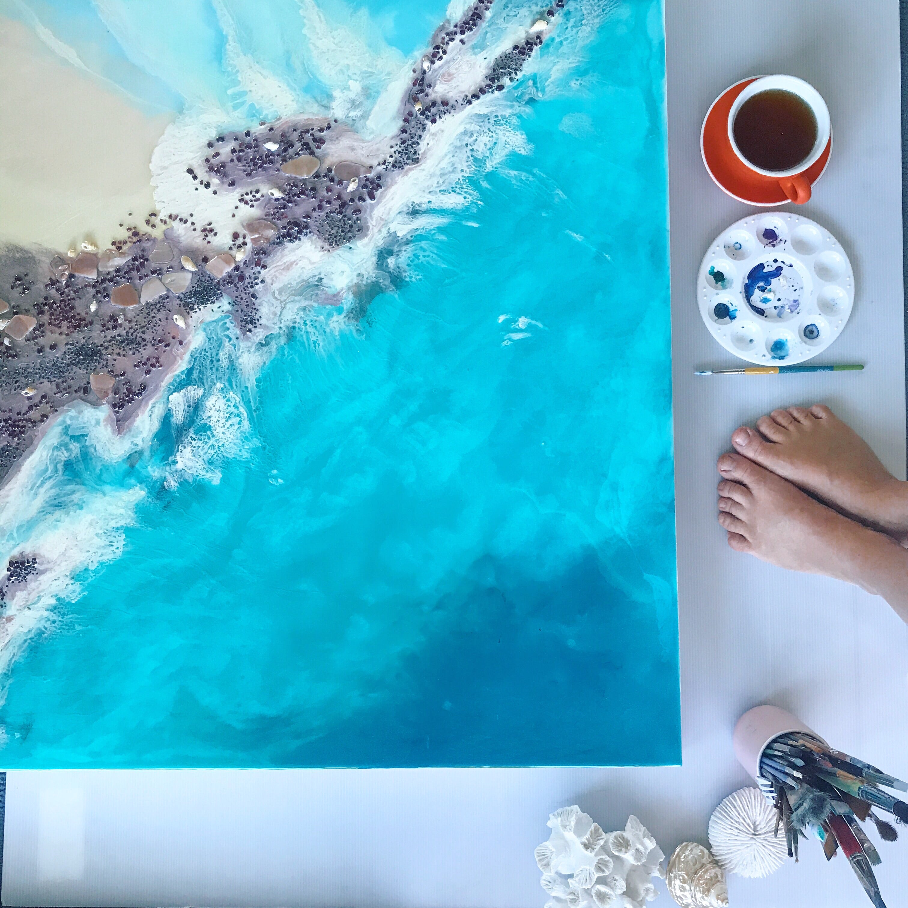 Teal Blue Ocean Wave. Byron Bay Magic. Original Artwork. Antuanelle 6 Magic with Mussels and Garnet. Abstract Seascape 90x90cm