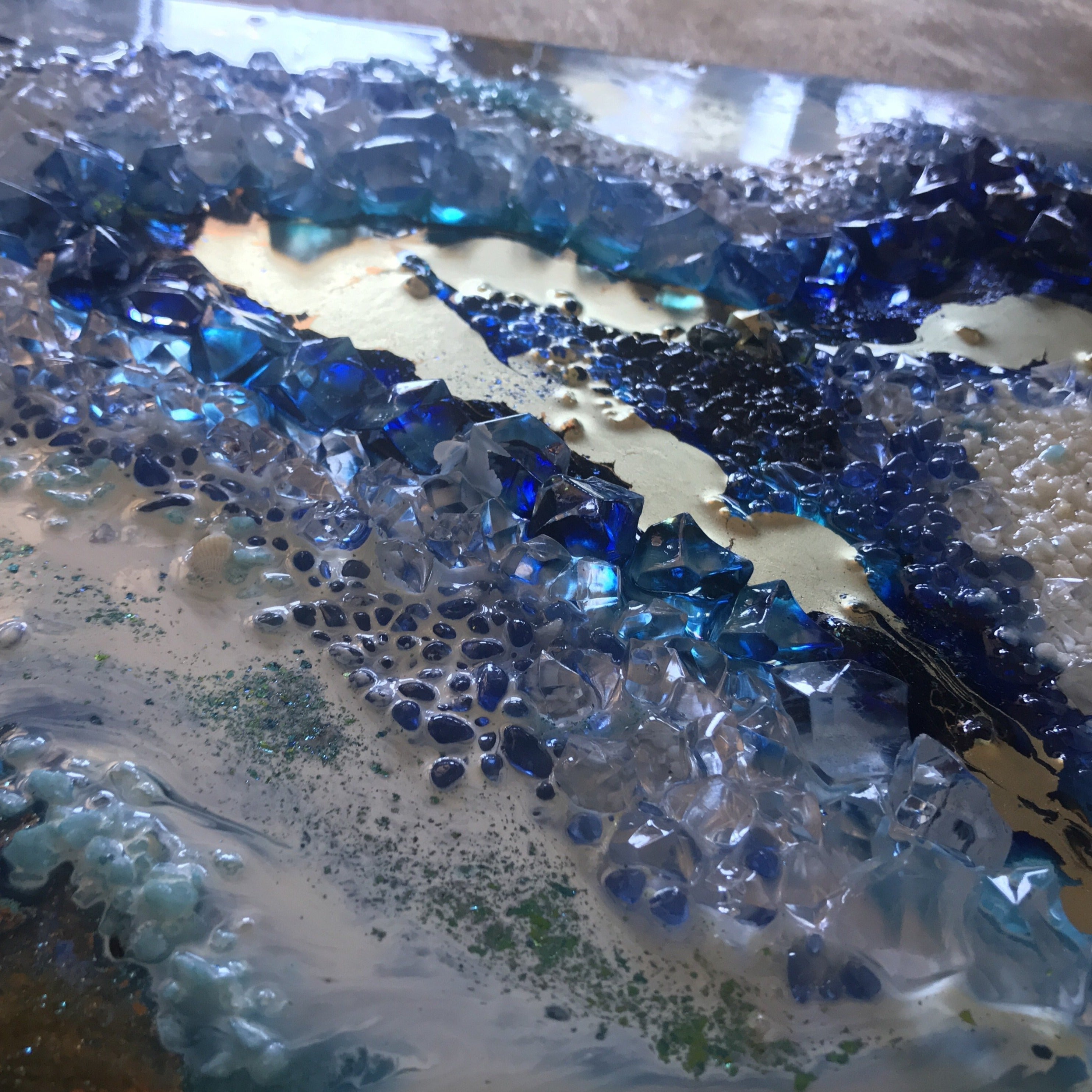 Custom Made. Teal and Copper Geode. Blue Gold Geode Resin Artwork. Antuanelle. 4 Aquamarine Sky-Blue Crystal. Original COMMISSION. Artwork