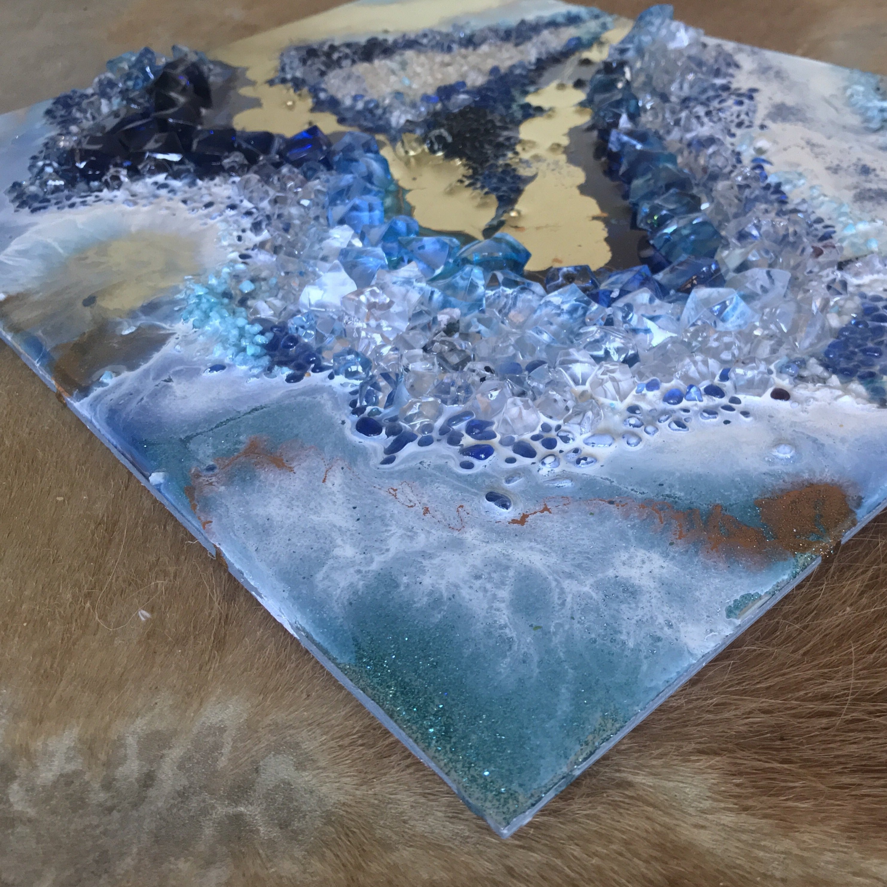 Teal and Copper Geode Resin Artwork Crystals. Blue Gold Artwork. Antuanelle. 3 teal sky blue Crystal. Original