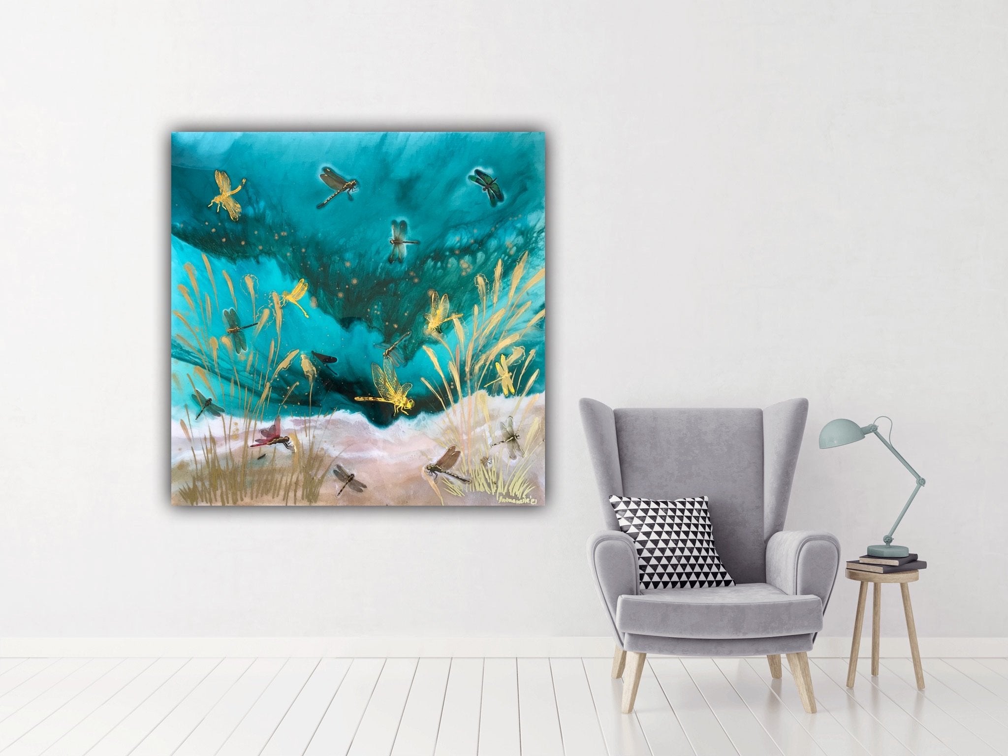 Gold Dragonflies Teal Seascape. Limited Edition Print. Antuanelle