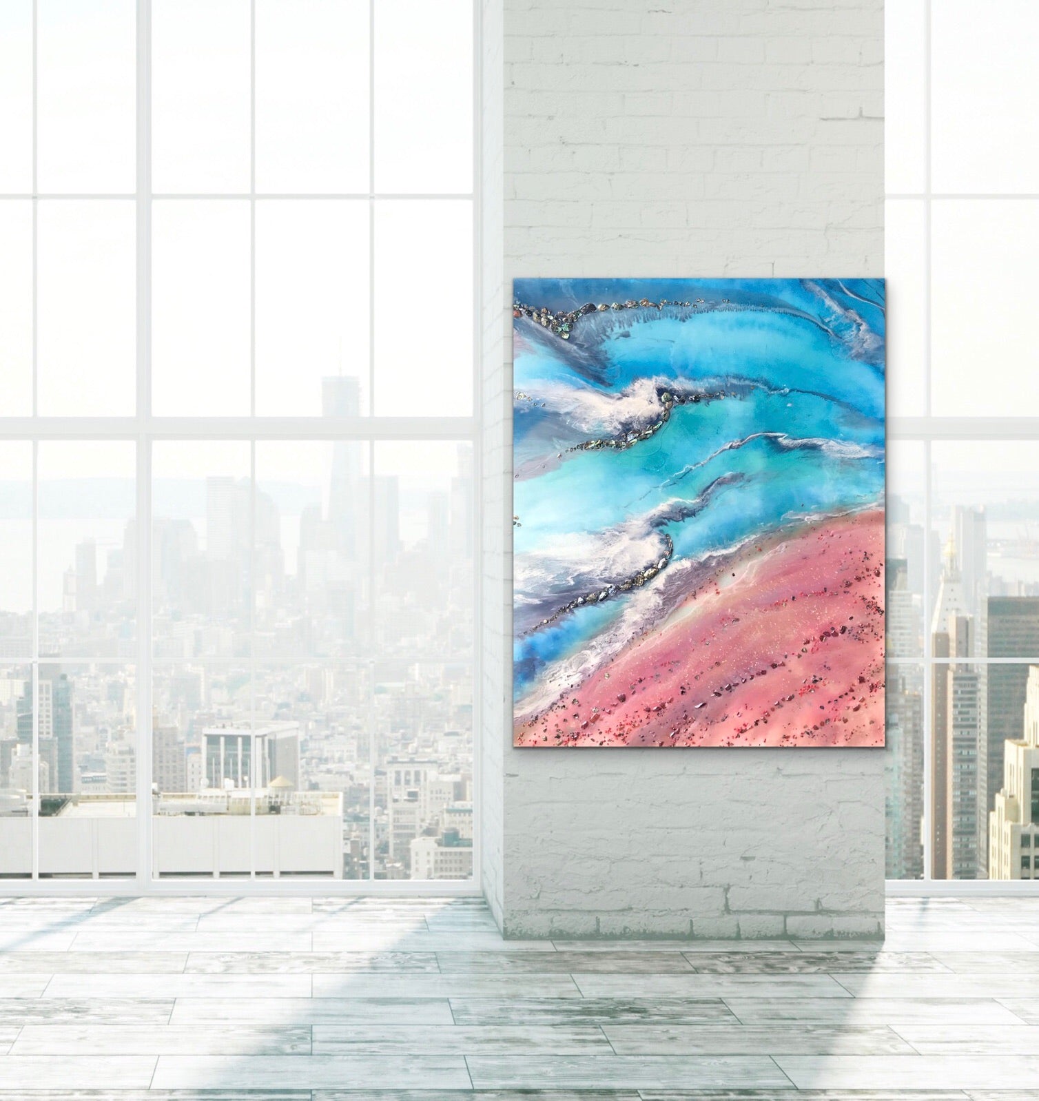 Teal and Pink Ocean Painting. Abstract Seascape Resin Artwork 6 Azure Coastline. Ocean. Original with Abalone Shells Coral 120x150cm.