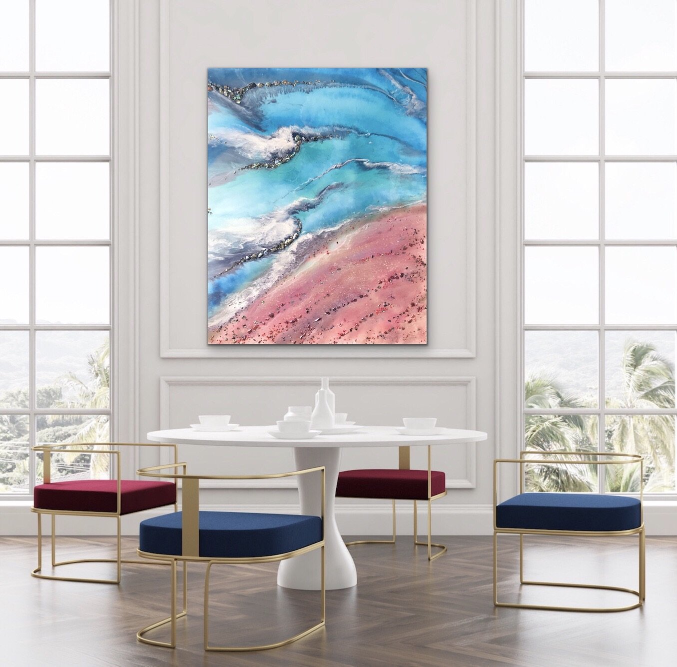 Azure Coastline. Abstract Ocean. Original Artwork with Abalone Shells and Coral 120x150cm.