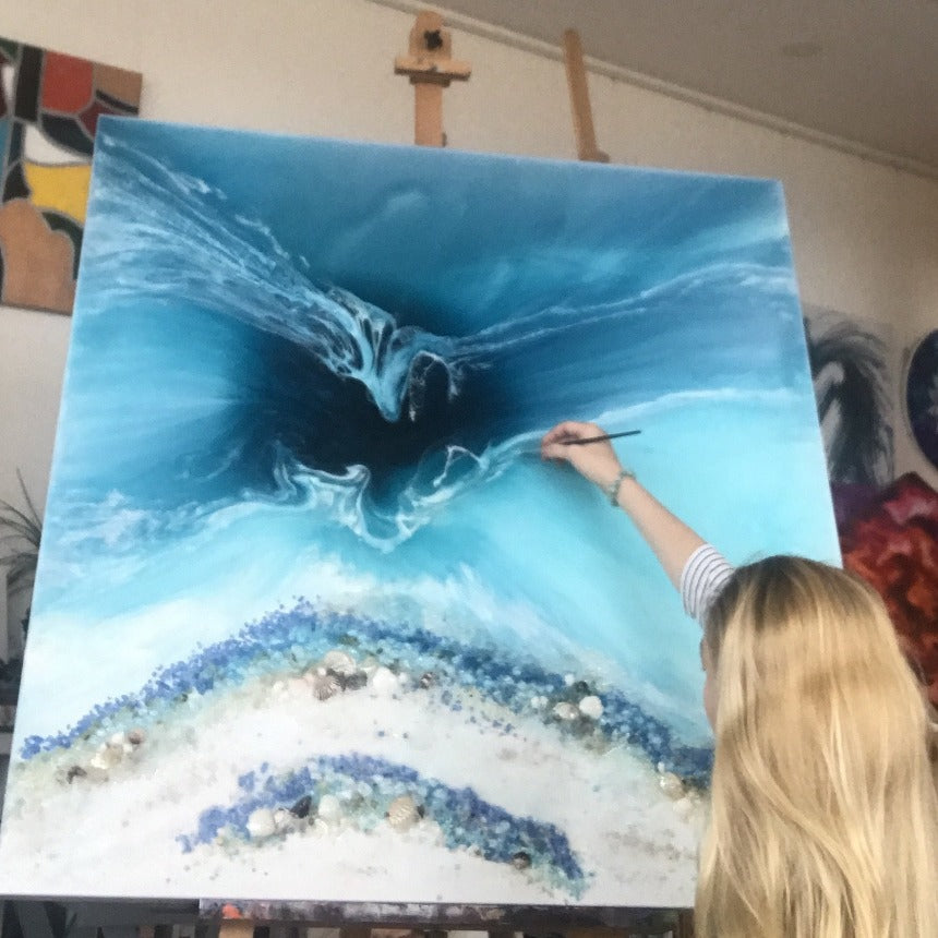TEAL AND WHITE. Crystal clear. Ocean Original Artwork. Antuanelle 2 Clear. Artwork with Amazonite. 90x90cm
