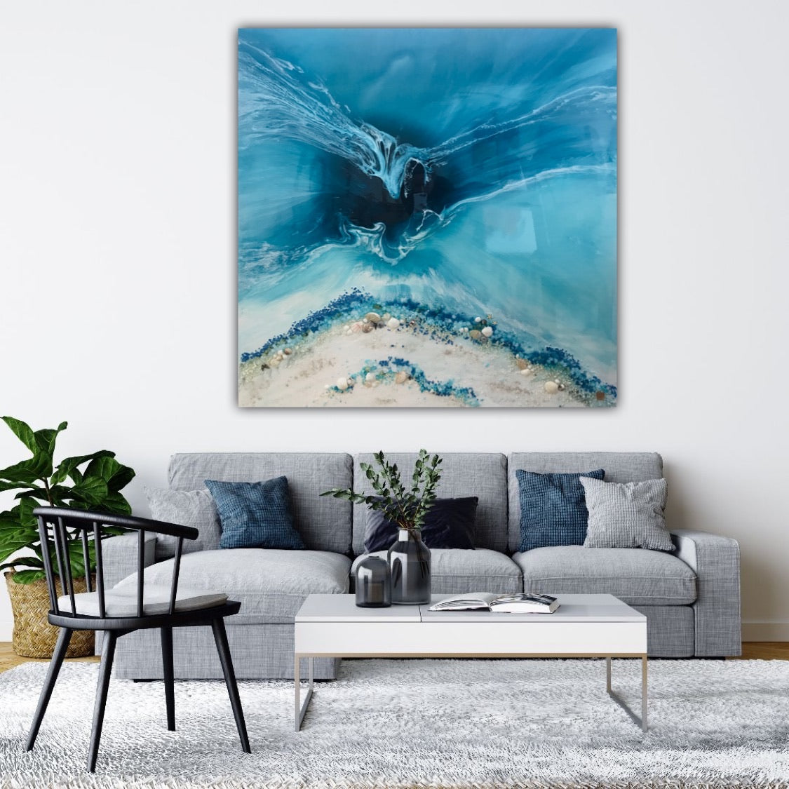 TEAL AND WHITE. Crystal clear. Ocean Original Artwork. Antuanelle 8 Clear. Artwork with Amazonite. 90x90cm