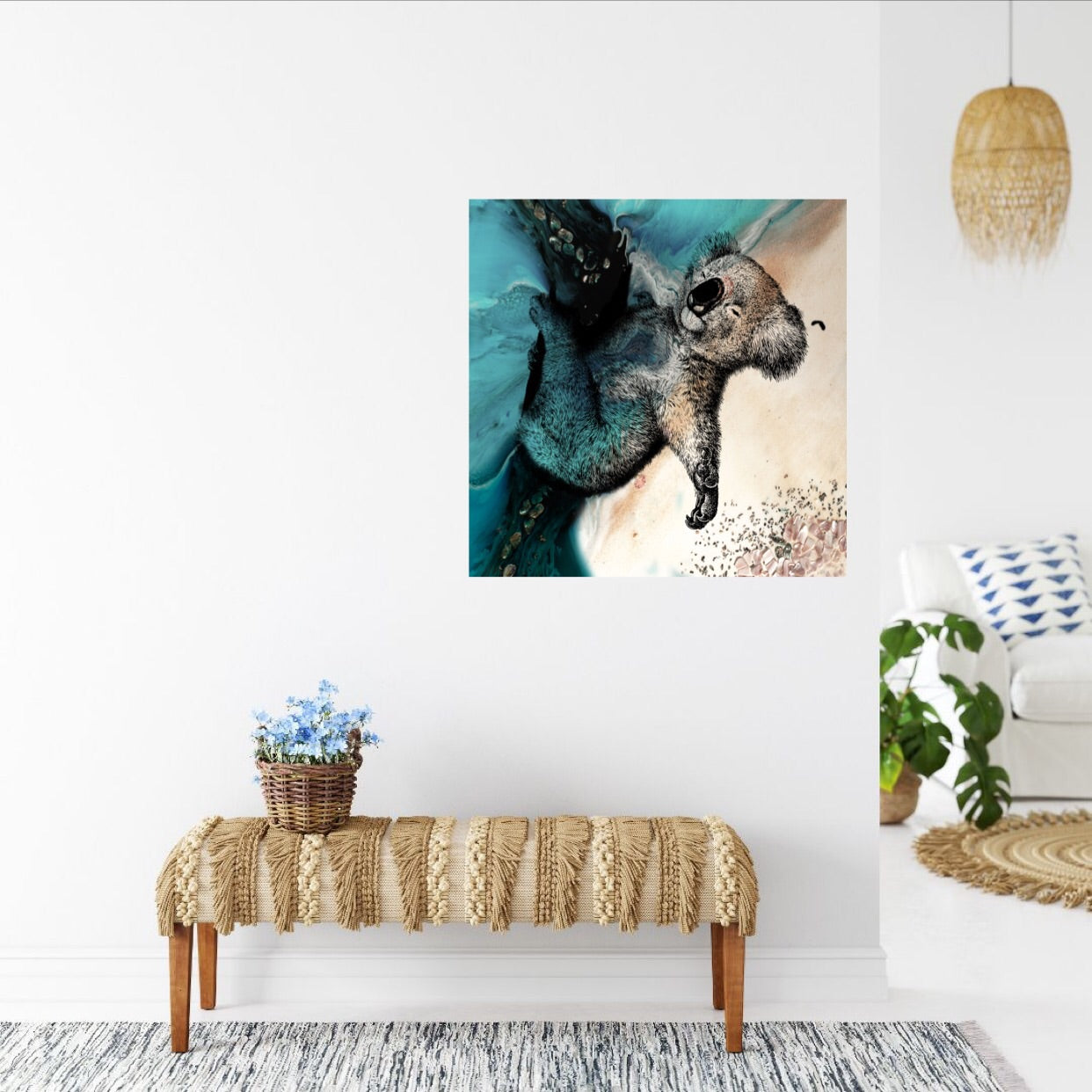 Abstract Seascape. Teal seascape with Koala. Art Print. Antuanelle 2 Sleeping Beauty. Print for WIRES Wildlife Rescue. Limited Edition