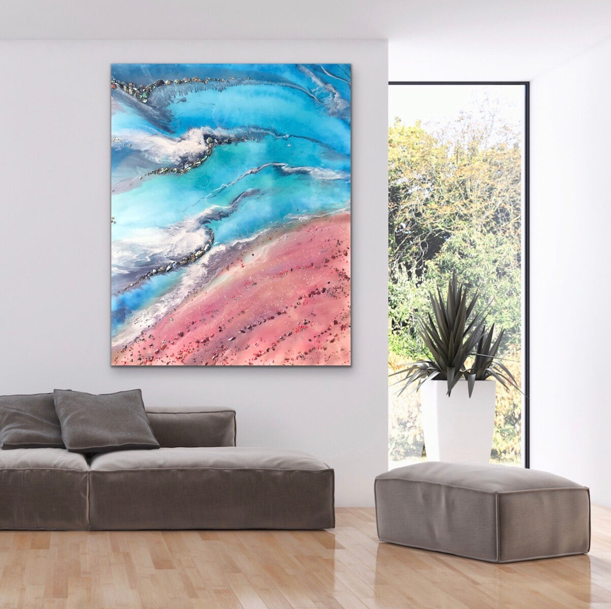 Teal and Pink Ocean Painting. Abstract Seascape Resin Artwork 3 Azure Coastline. Ocean. Original with Abalone Shells Coral 120x150cm.