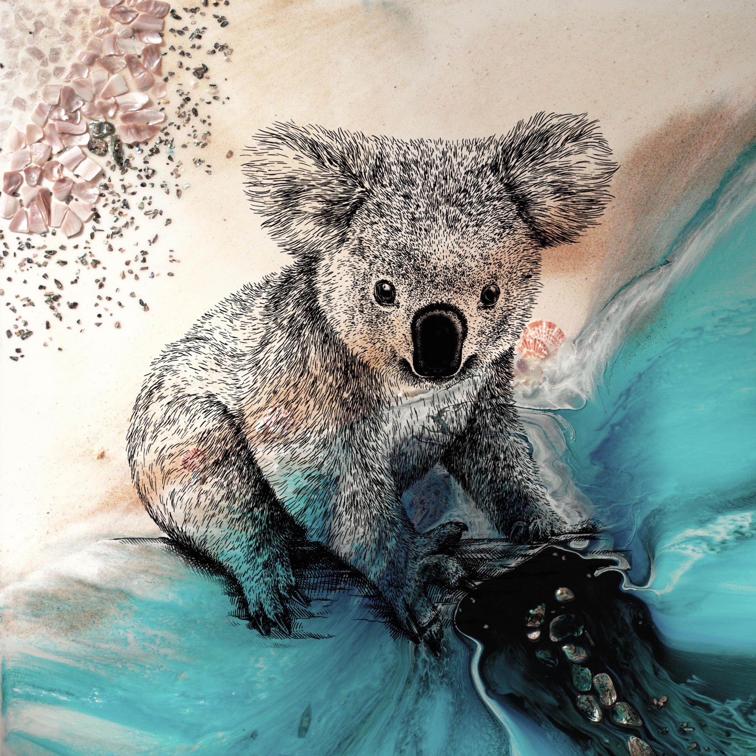 Australian Koala Artwork for WWF Koala Conservation. Aqua Blue Ocean Beach  Painting.