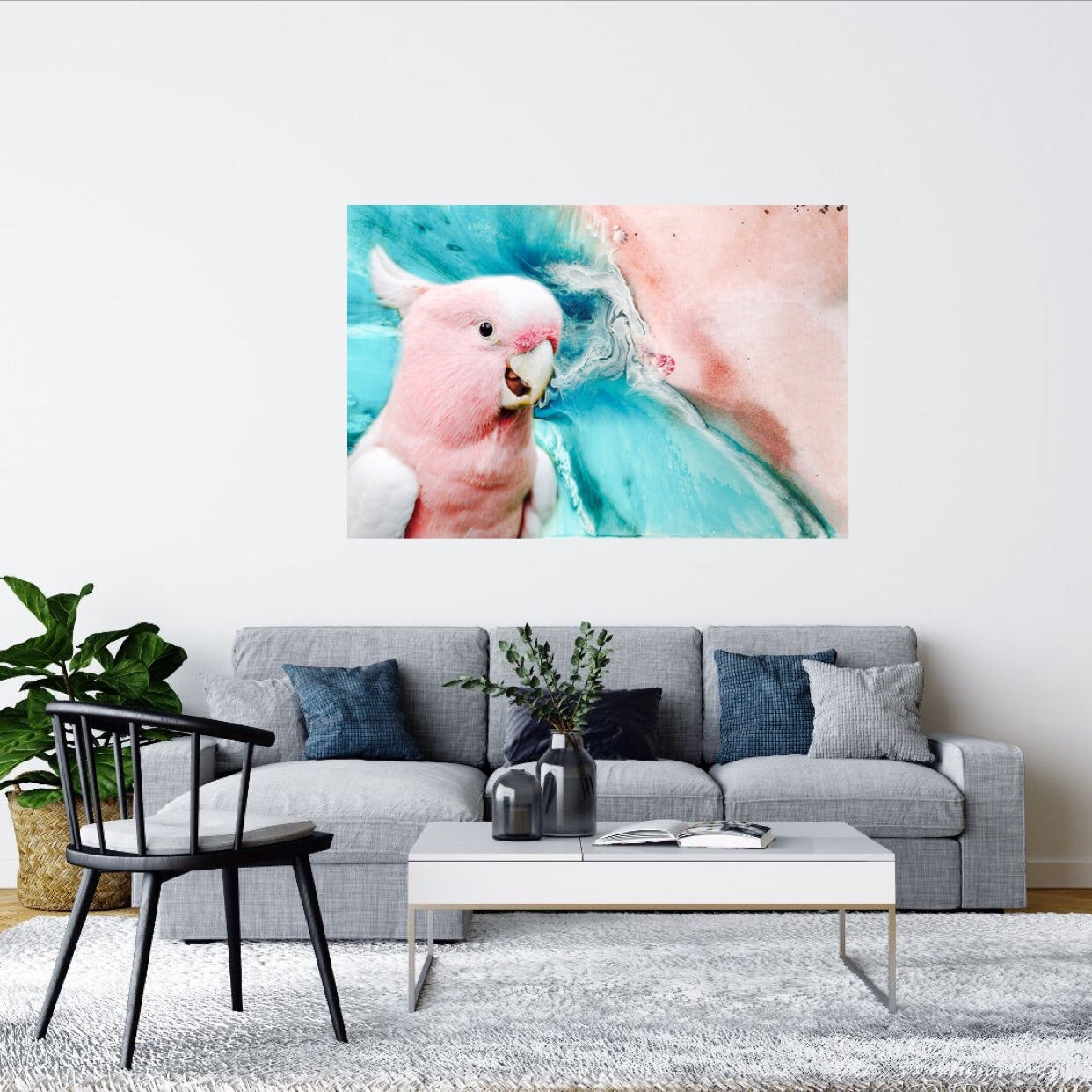 Abstract Artwork. Teal beach. Grey Gallah Parrot. Art print Antuanelle 4 Limited Edition Print