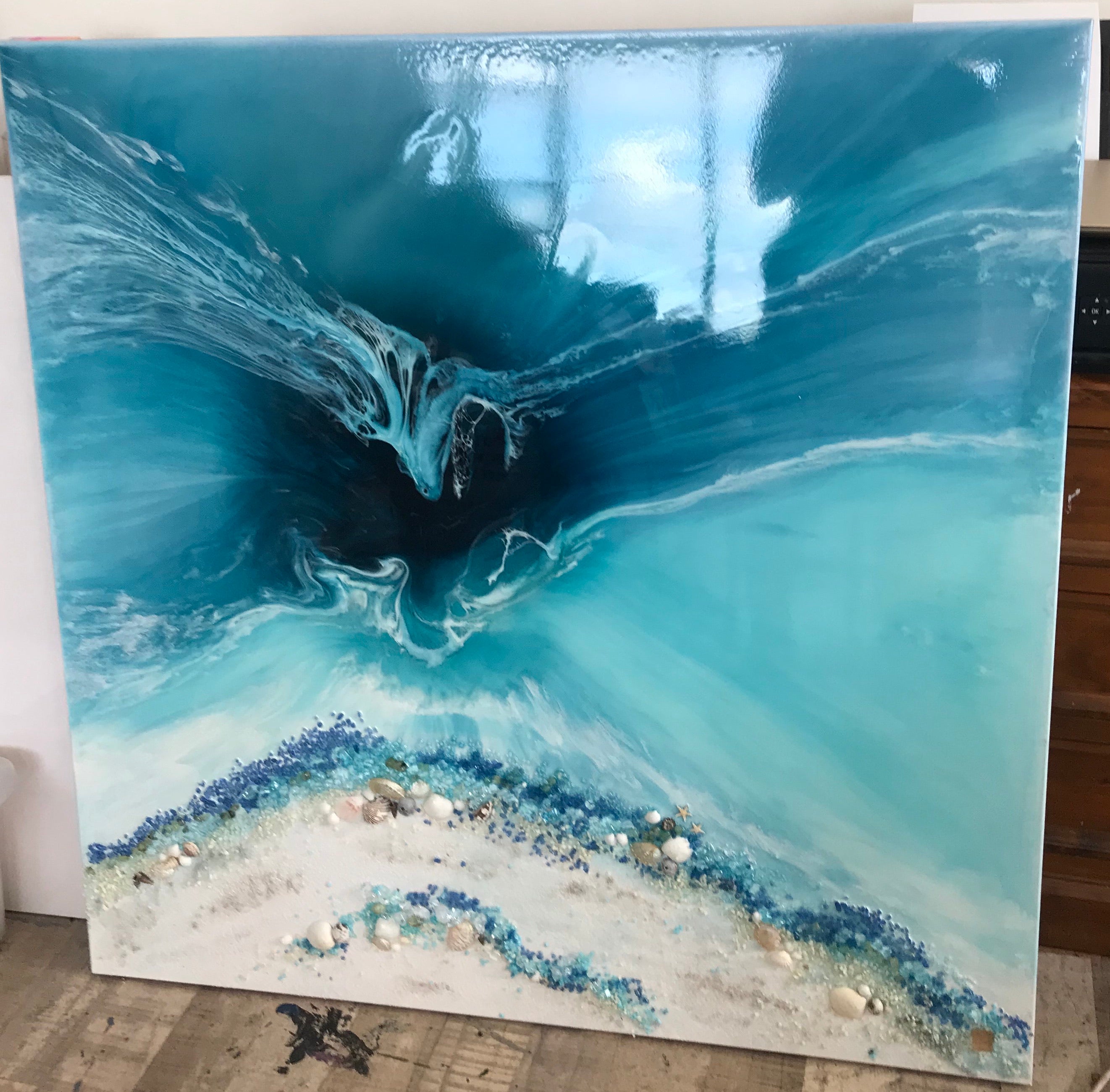 TEAL AND WHITE. Crystal clear. Ocean Original Artwork. Antuanelle 6 Clear. Artwork with Amazonite. 90x90cm