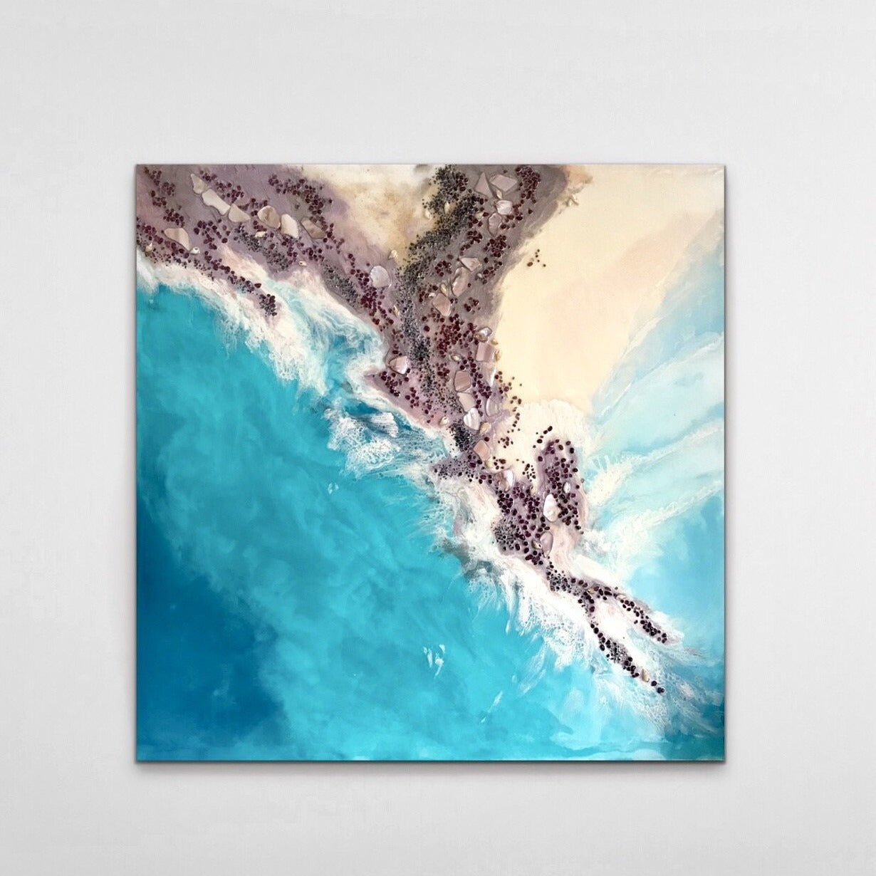 Teal Blue Ocean Wave. Byron Bay Magic. Original Artwork. Antuanelle 1 Magic with Mussels and Garnet. Abstract Seascape 90x90cm