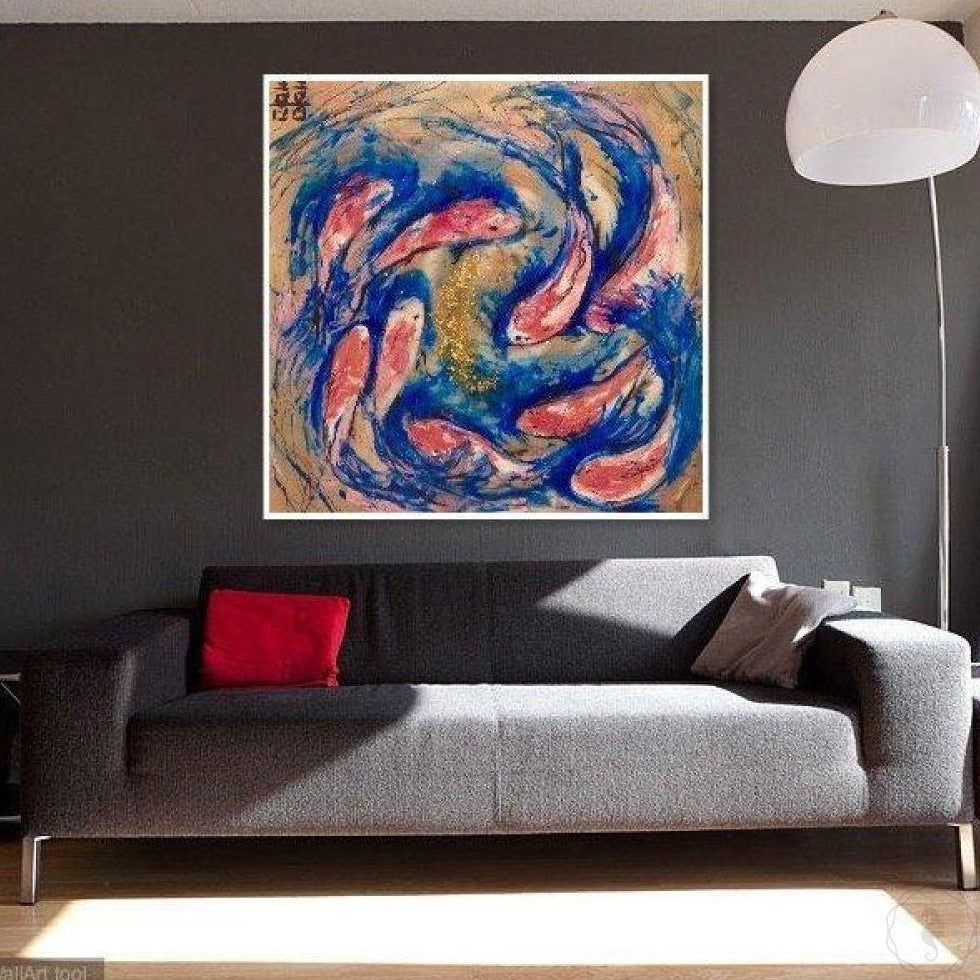Gold blue and red Artwork. Abstract Koi Fish. Double Luck Antuanelle 3 Chinese Original Artwork