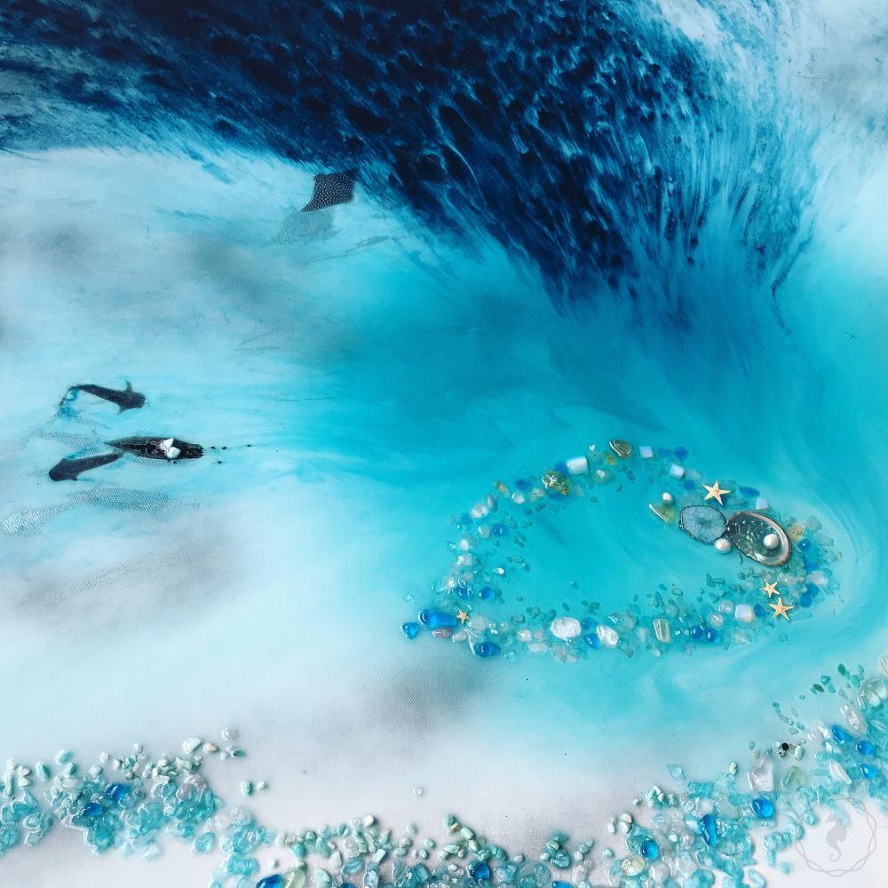 Navy and Teal Artwork. Abstract Reef Shoreline. Blue Lagoon Jewel Reef. Antuanelle 3 - Aerial Ocean. Original Artwork