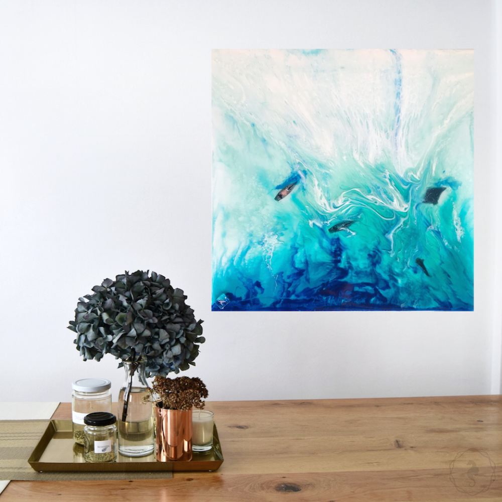 Tropical Resin Artwork with mantas and sailing boats ANTUANELE 1 Timelessness in Ko Bon. Original Abstract Ocean Seascape