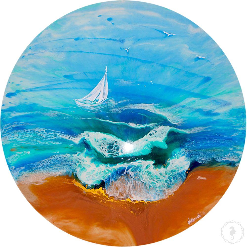 Turquoise artwork. Seascape with yacht. TURQUOISE ocean. Antuanelle 1 Original Artwork.