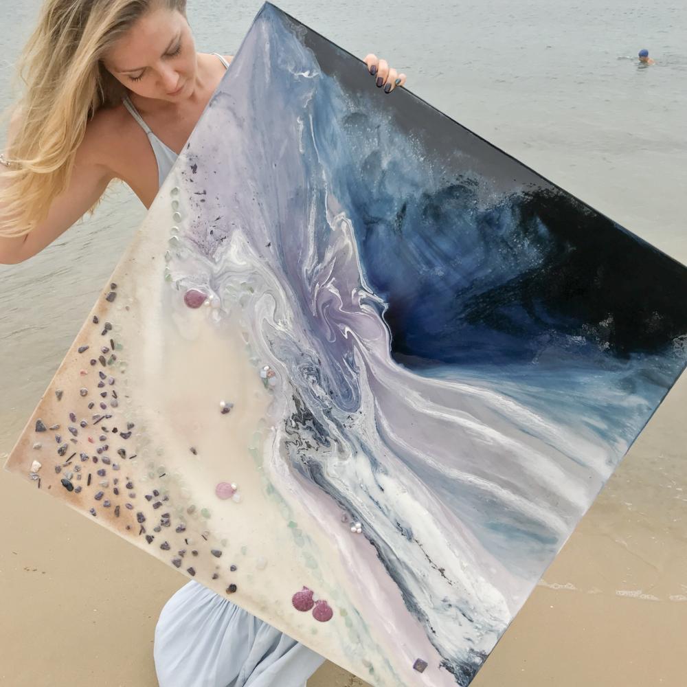 Velvet Purples and Navy Artwork. Abstract Oceanscape. Twilight Date. Antuanelle 1 Beach. Original Artwork